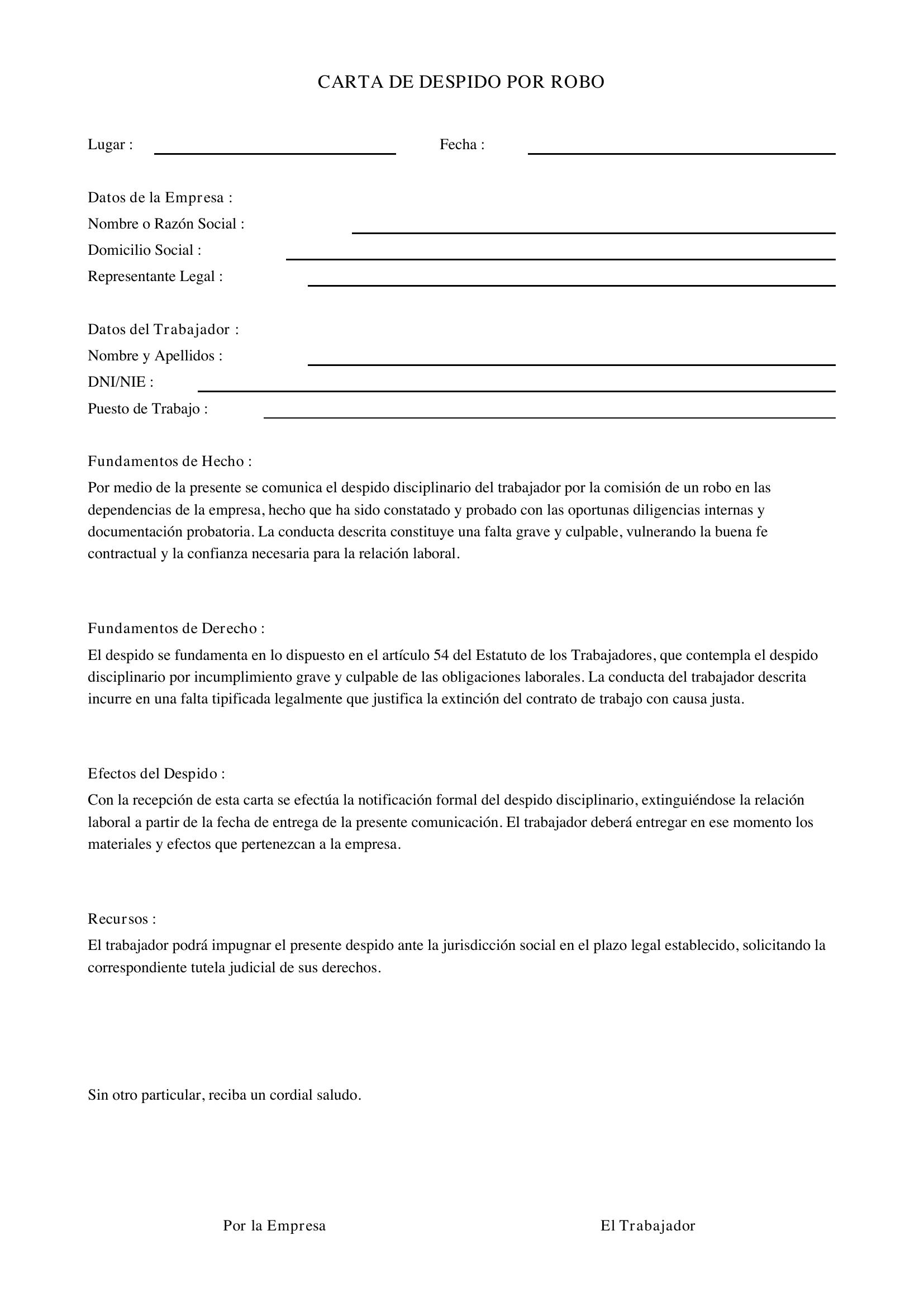 Carta De Despido Por Robo