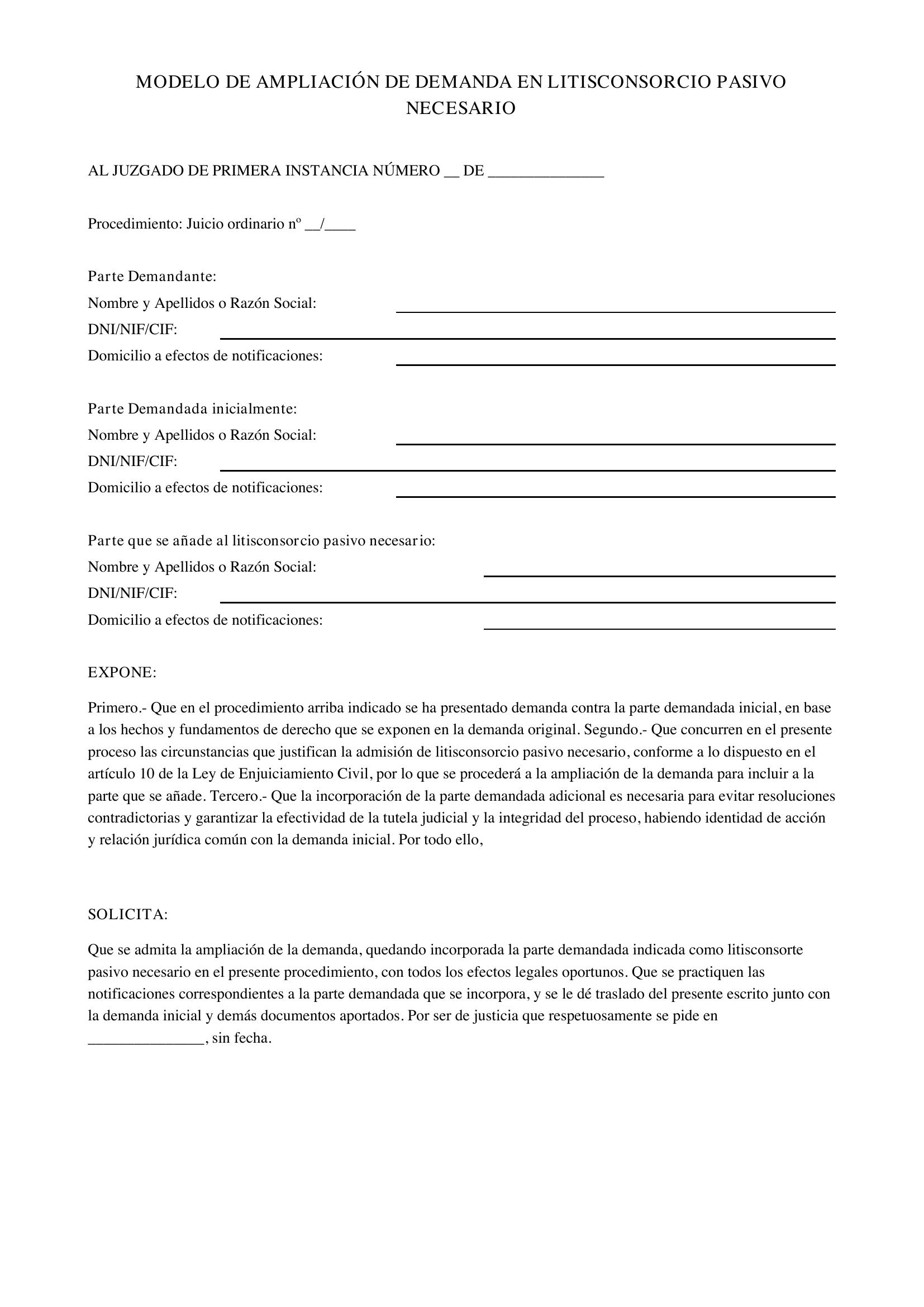 Modelo Ampliación Demanda Litisconsorcio Pasivo Necesario