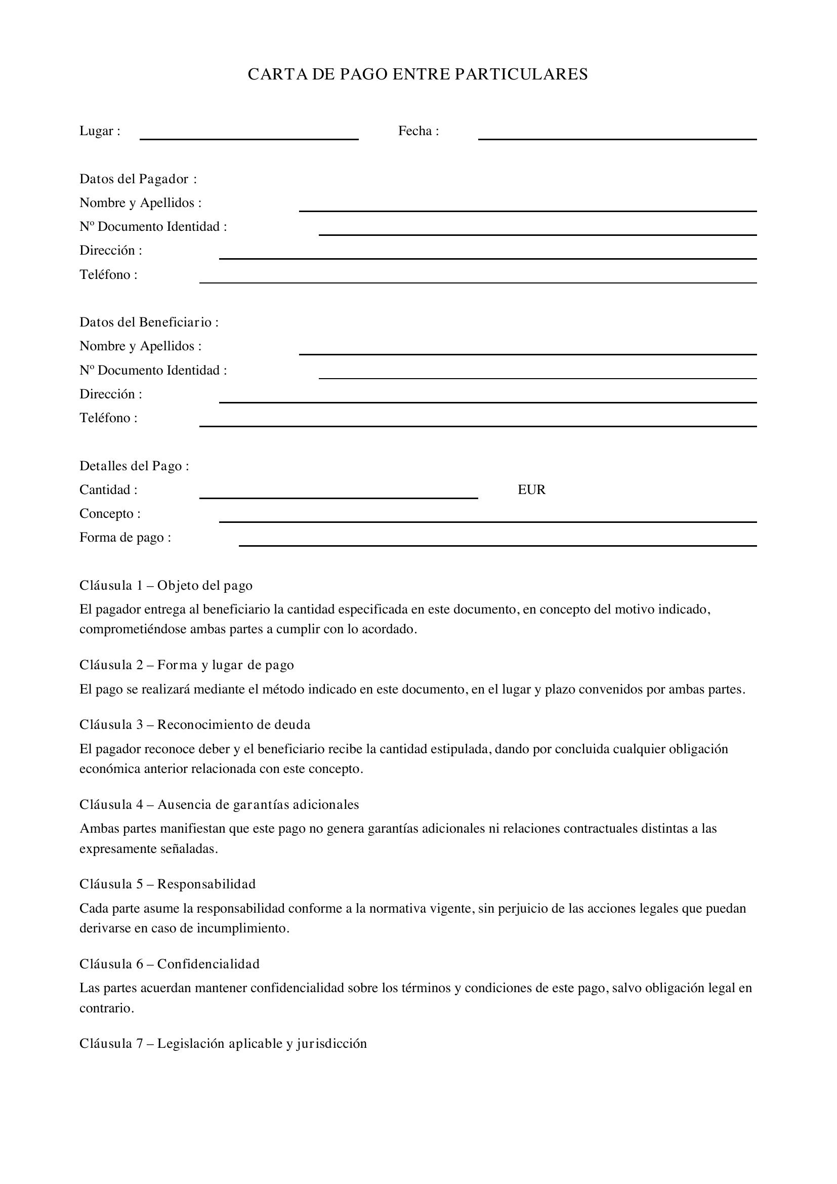 Modelo Carta De Pago Entre Particulares