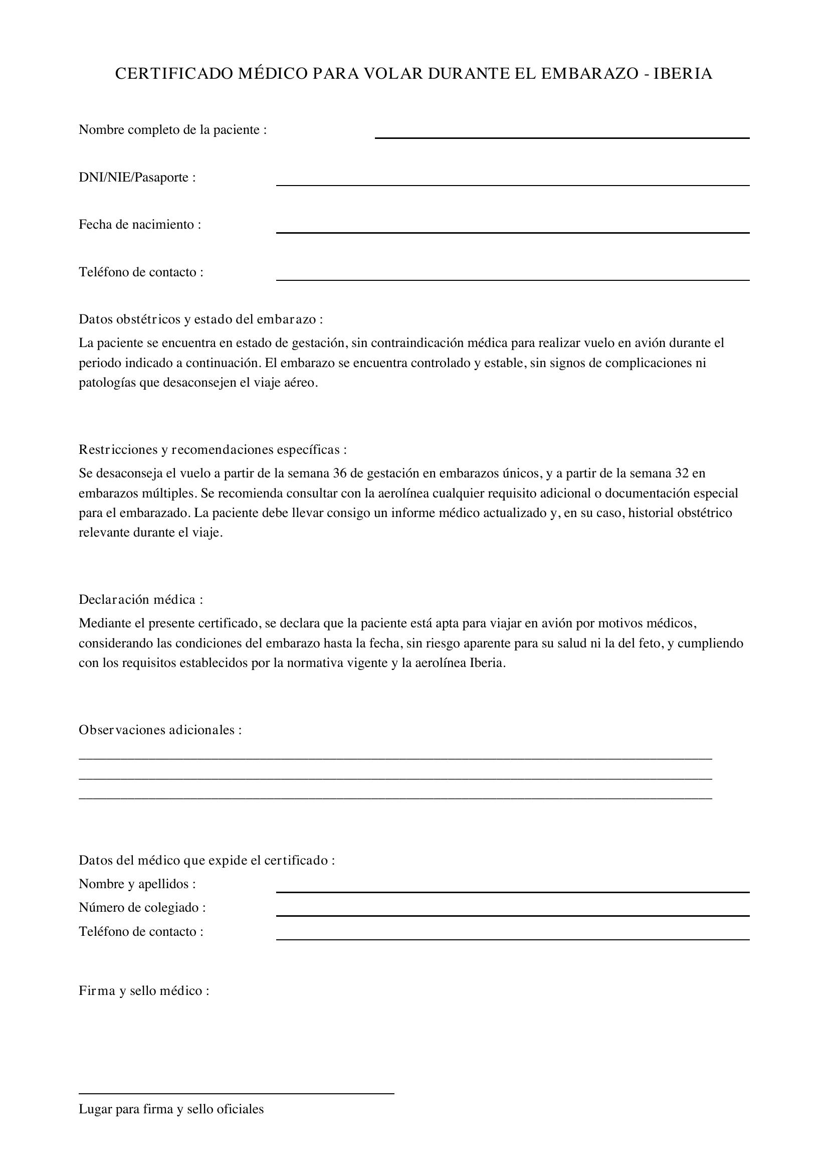 Modelo Certificado Médico Para Volar Embarazada Iberia