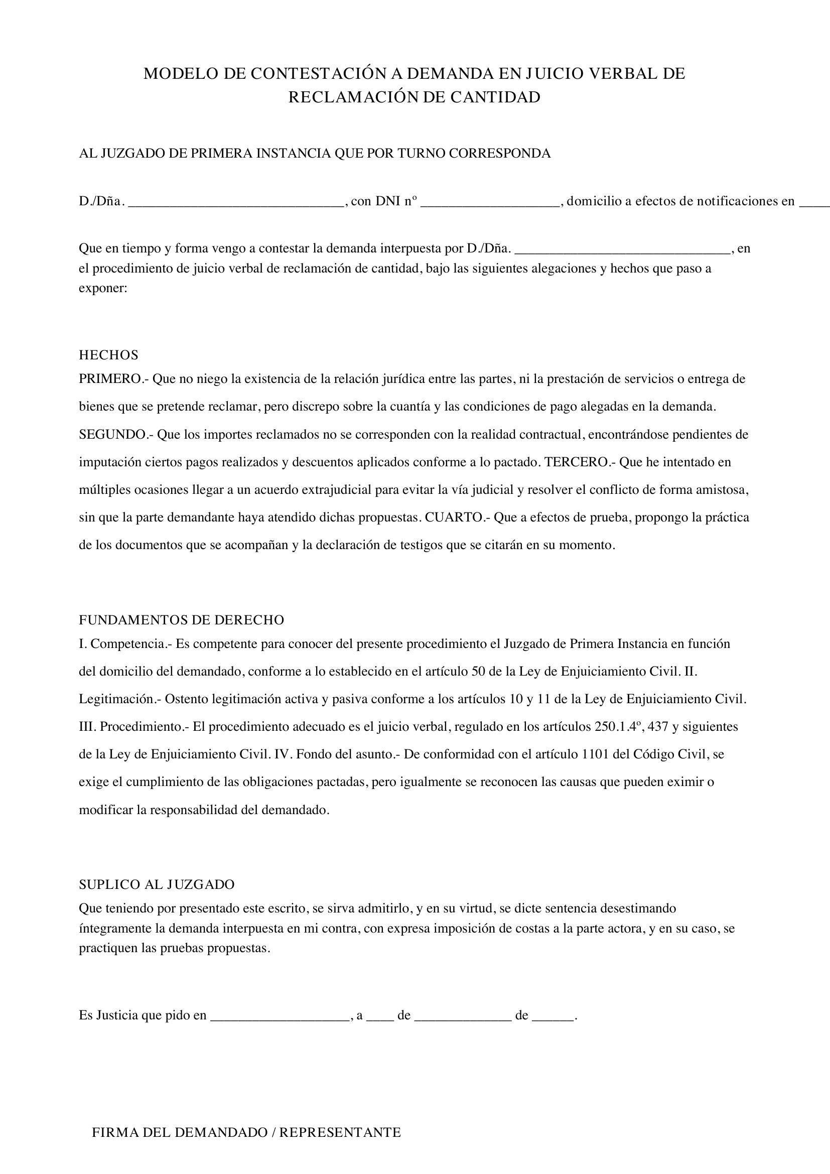Modelo Contestación Demanda Juicio Verbal Reclamación Cantidad