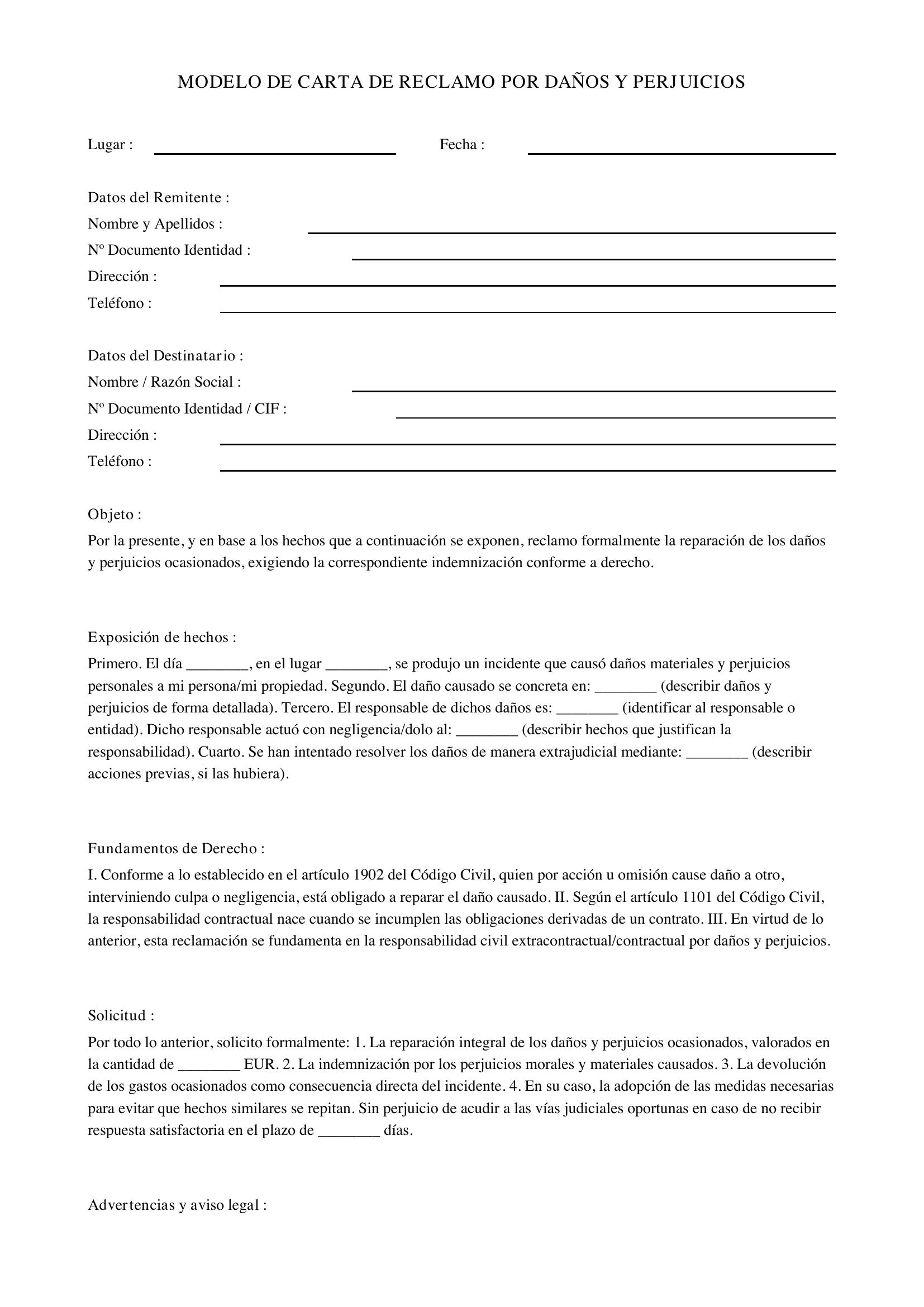Modelo De Carta De Reclamo Por Daños Y Perjuicios