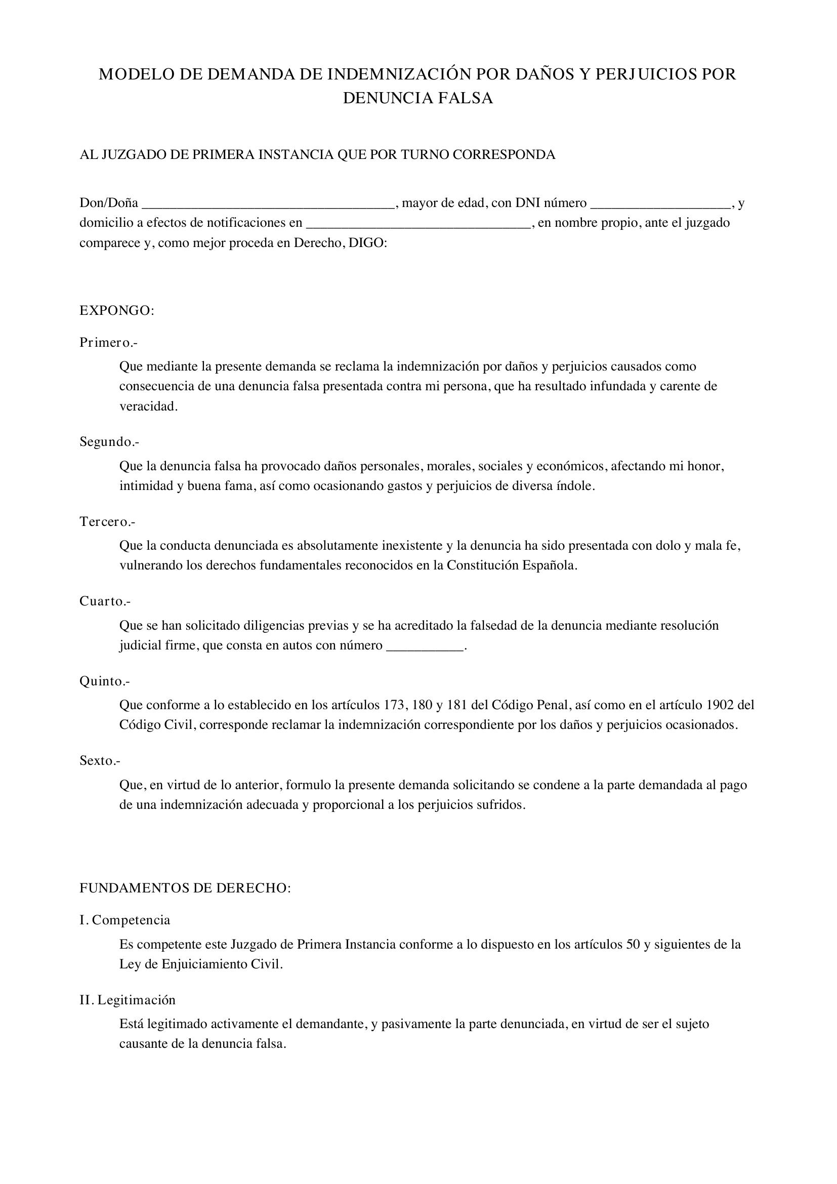 Modelo De Demanda De Indemnización Por Daños Y Perjuicios Por Denuncia Falsa