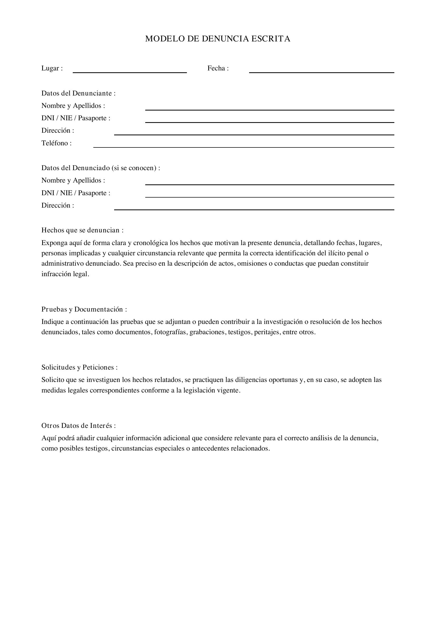 Modelo De Denuncia Escrita