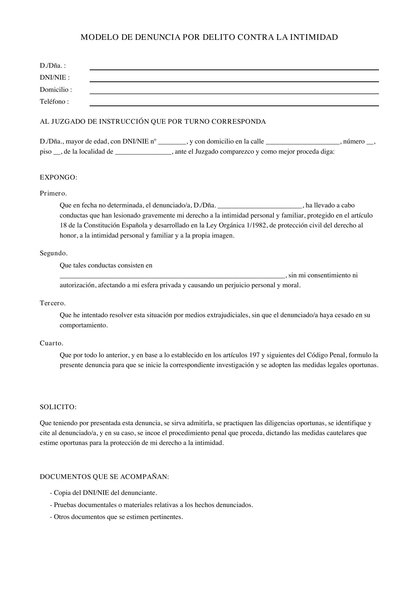 Modelo De Denuncia Por Delito Contra La Intimidad