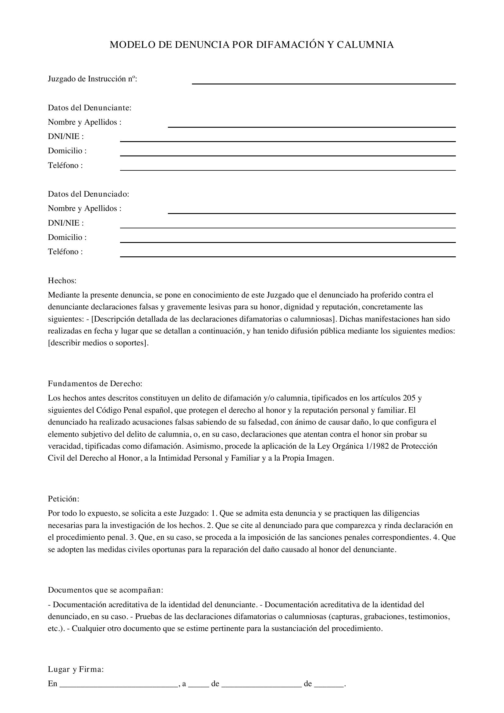 Modelo De Denuncia Por Difamación Y Calumnia