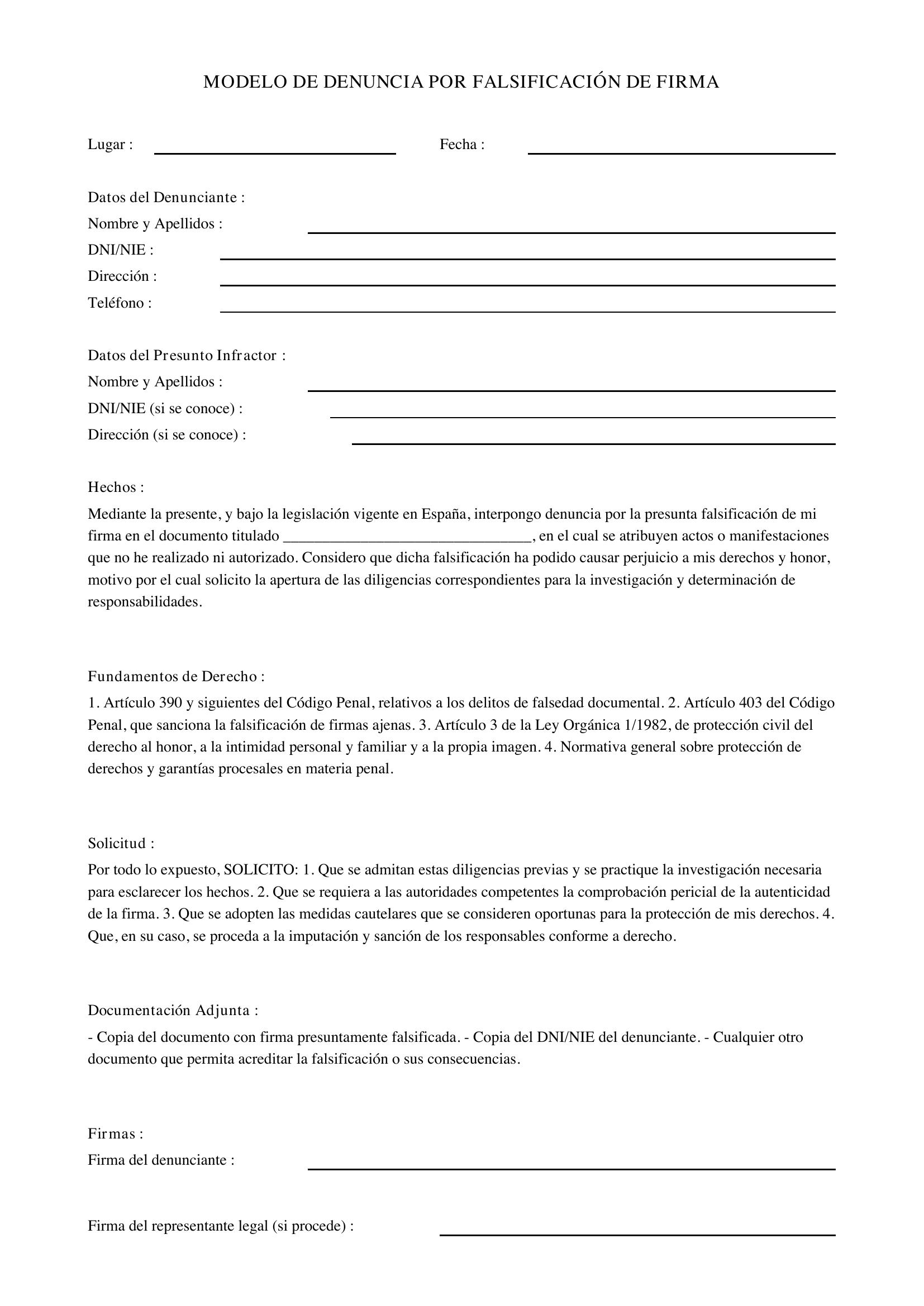 Modelo De Denuncia Por Falsificación De Firma