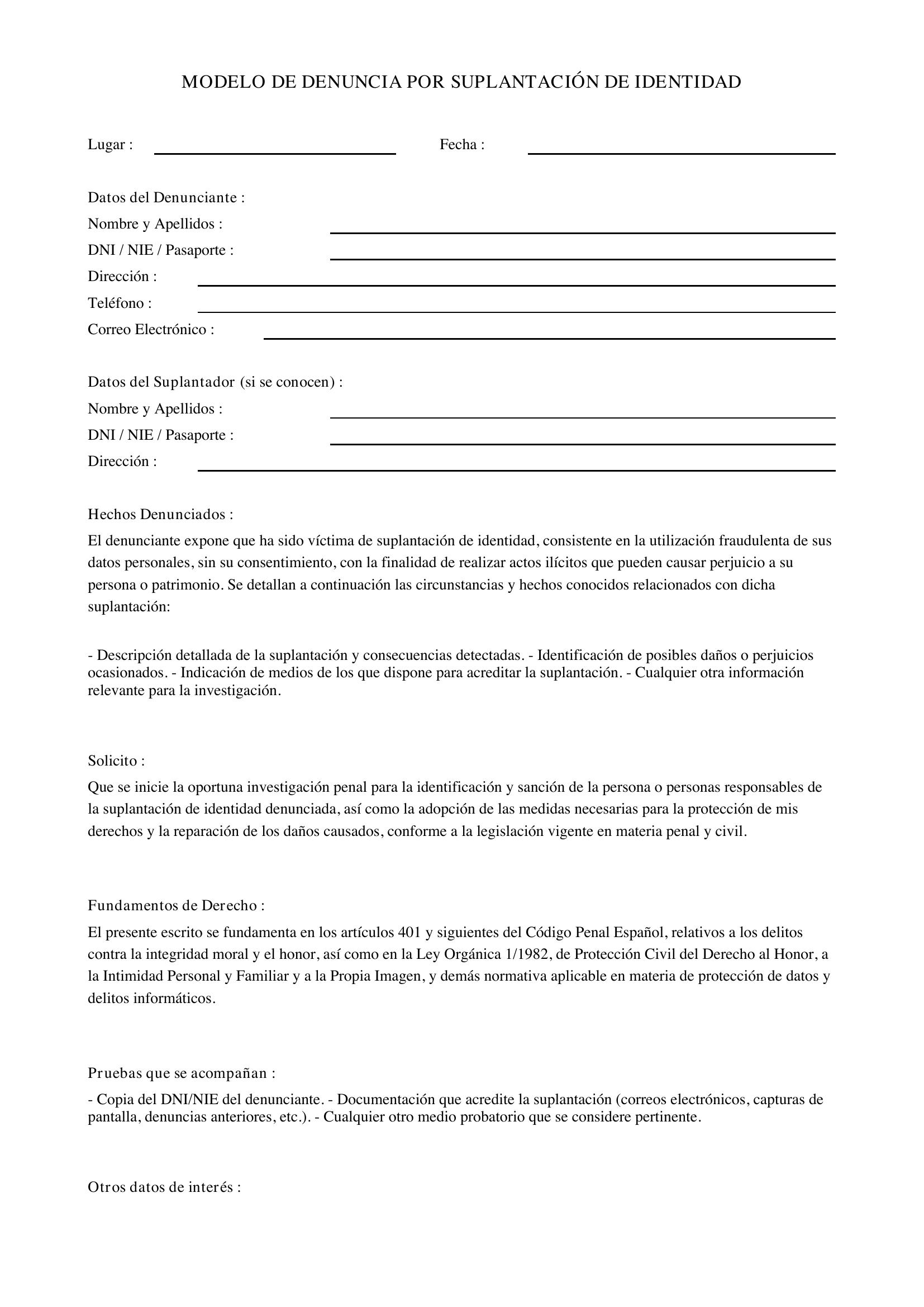 Modelo De Denuncia Por Suplantación De Identidad Perú