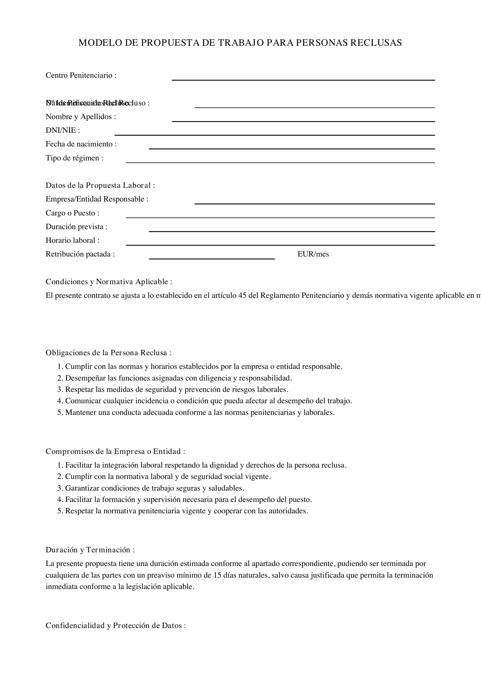 Modelo De Propuesta De Trabajo Para Presos