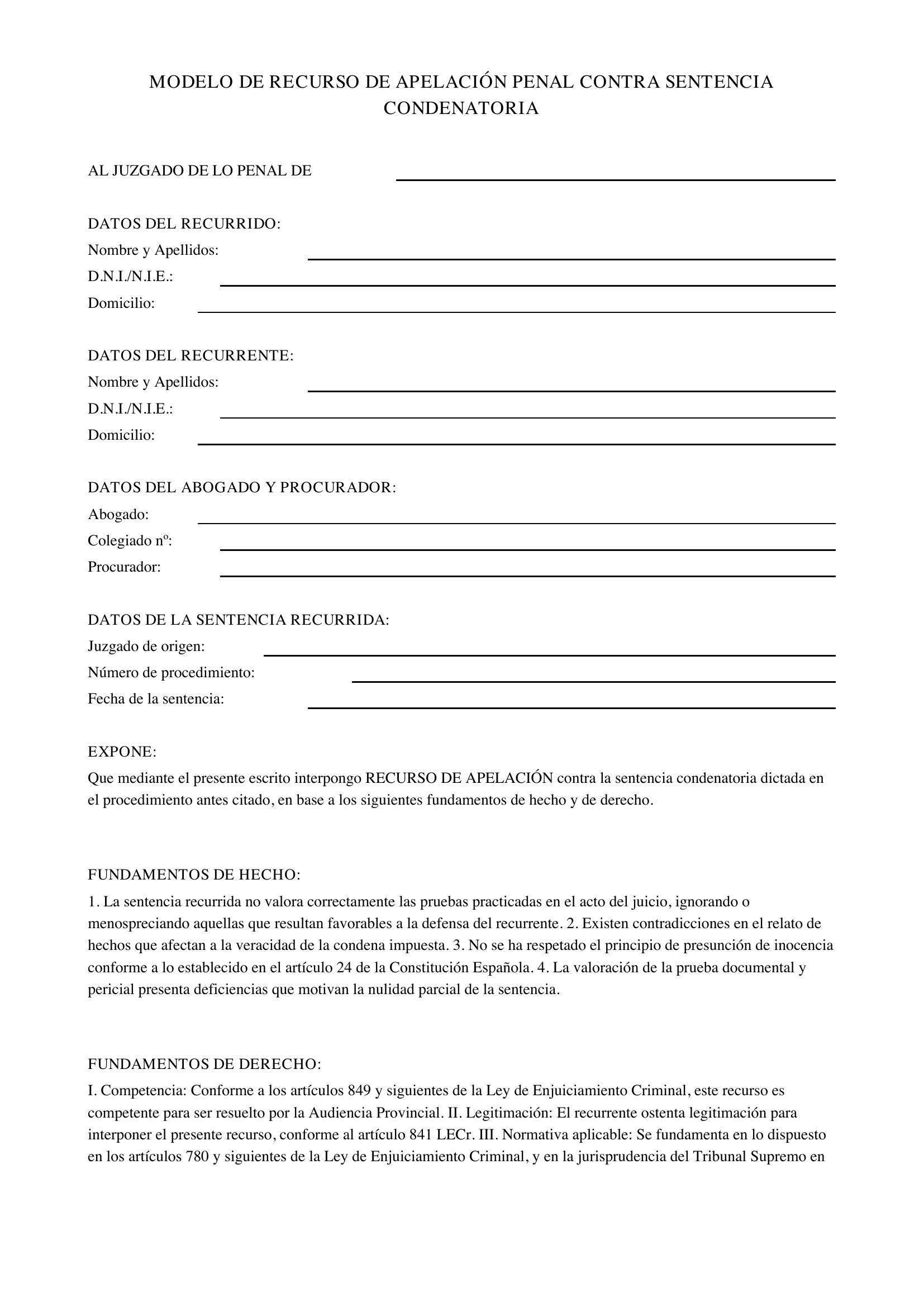 Modelo De Recurso De Apelación Penal Contra Sentencia Condenatoria