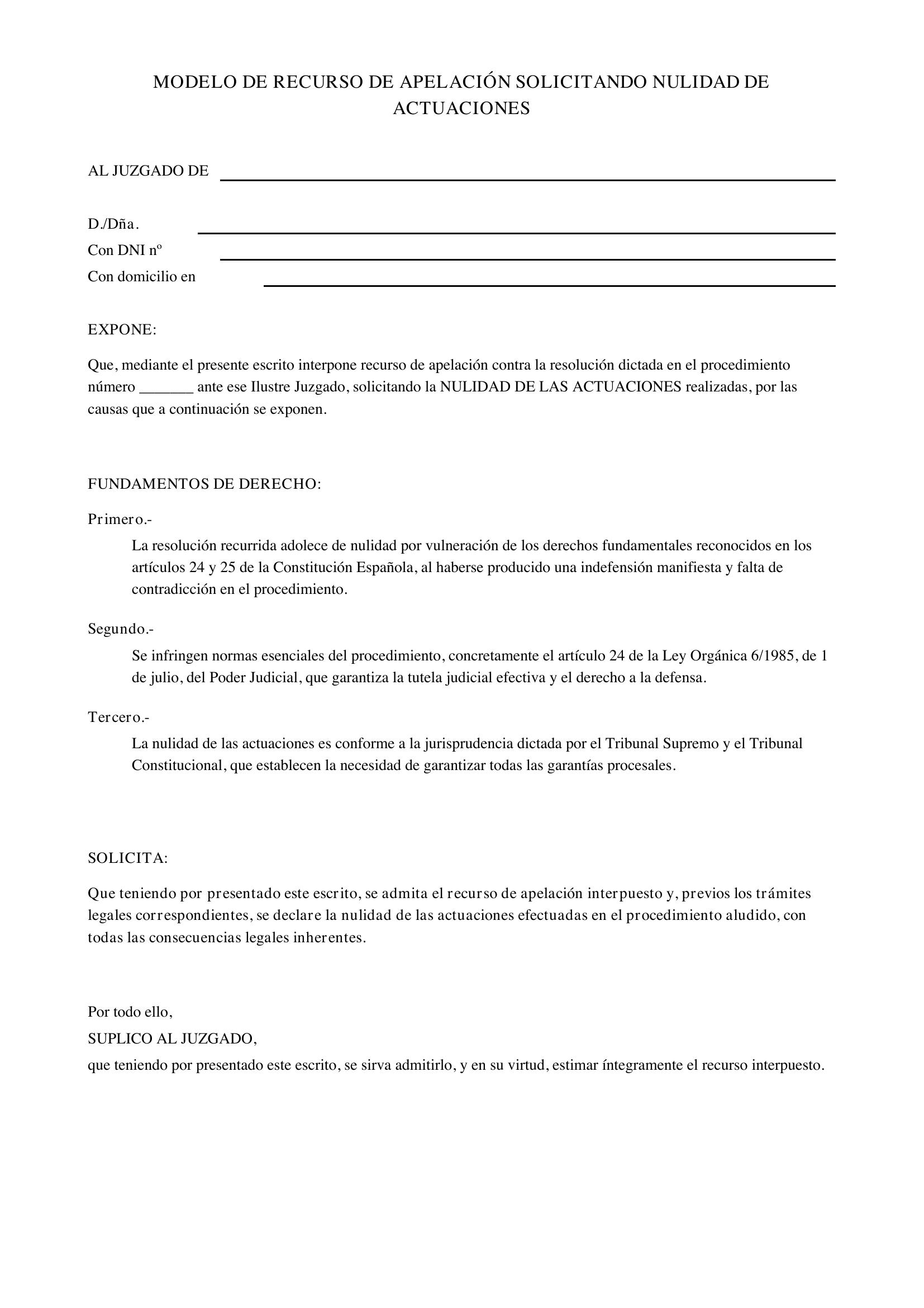 Modelo De Recurso De Apelación Solicitando Nulidad De Actuaciones