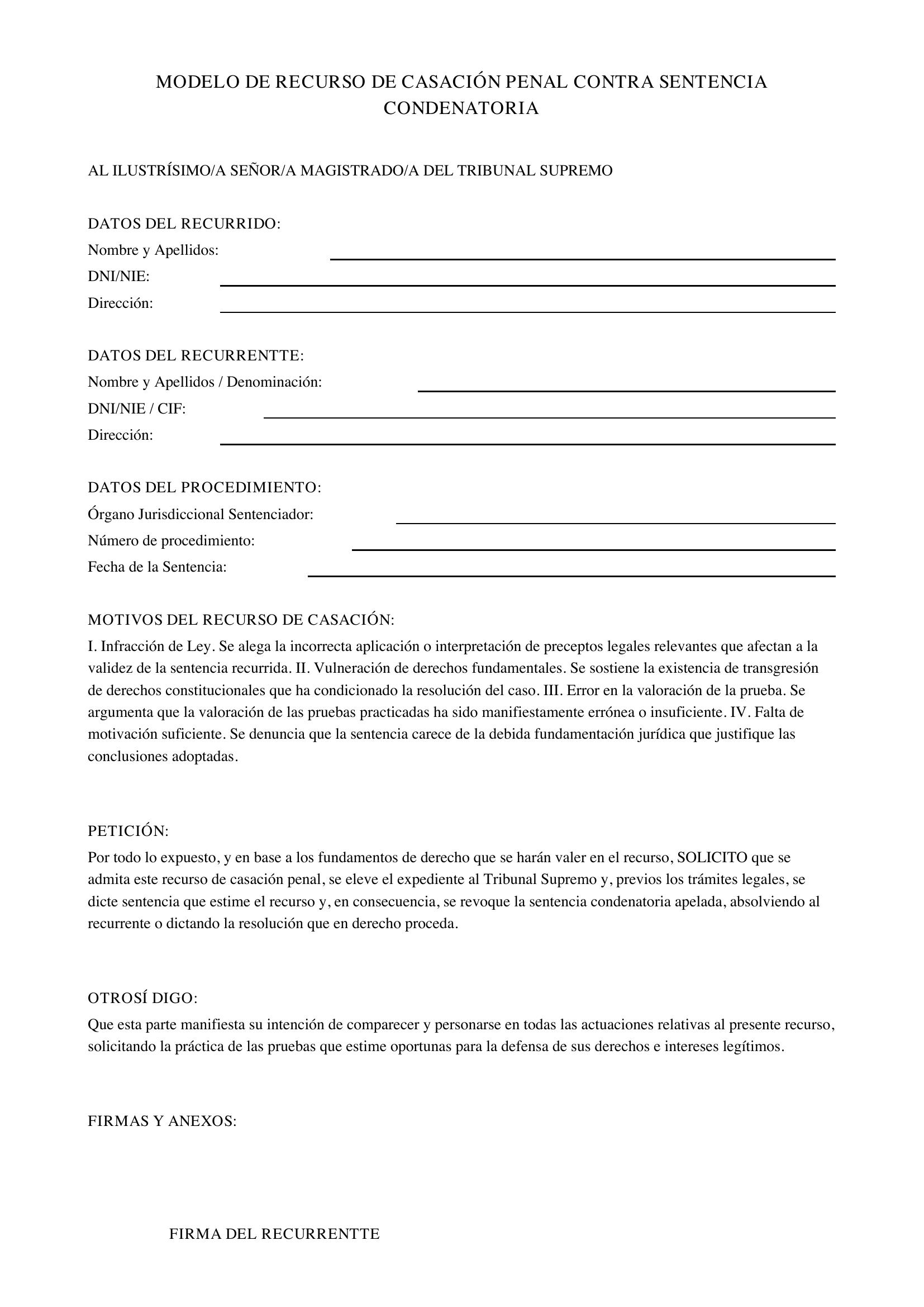 Modelo De Recurso De Casación Penal Contra Sentencia Condenatoria