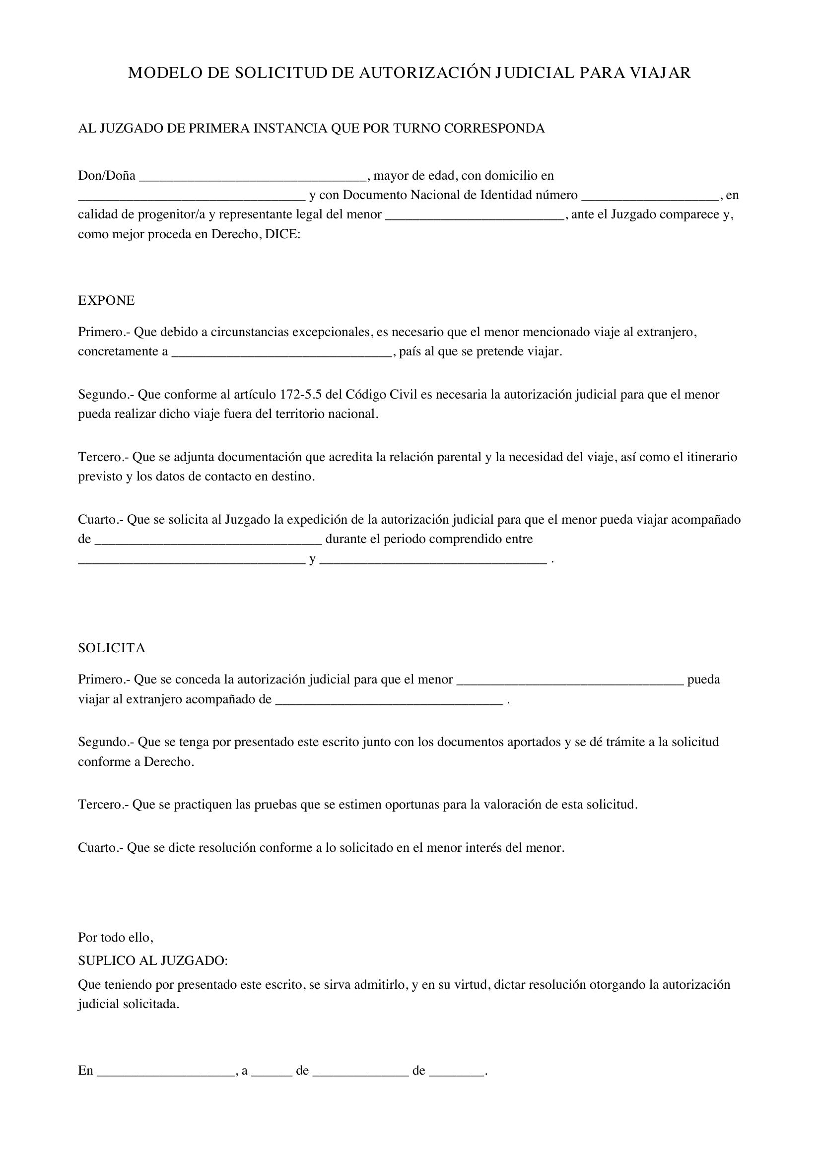Modelo De Solicitud De Autorización Judicial Para Viajar