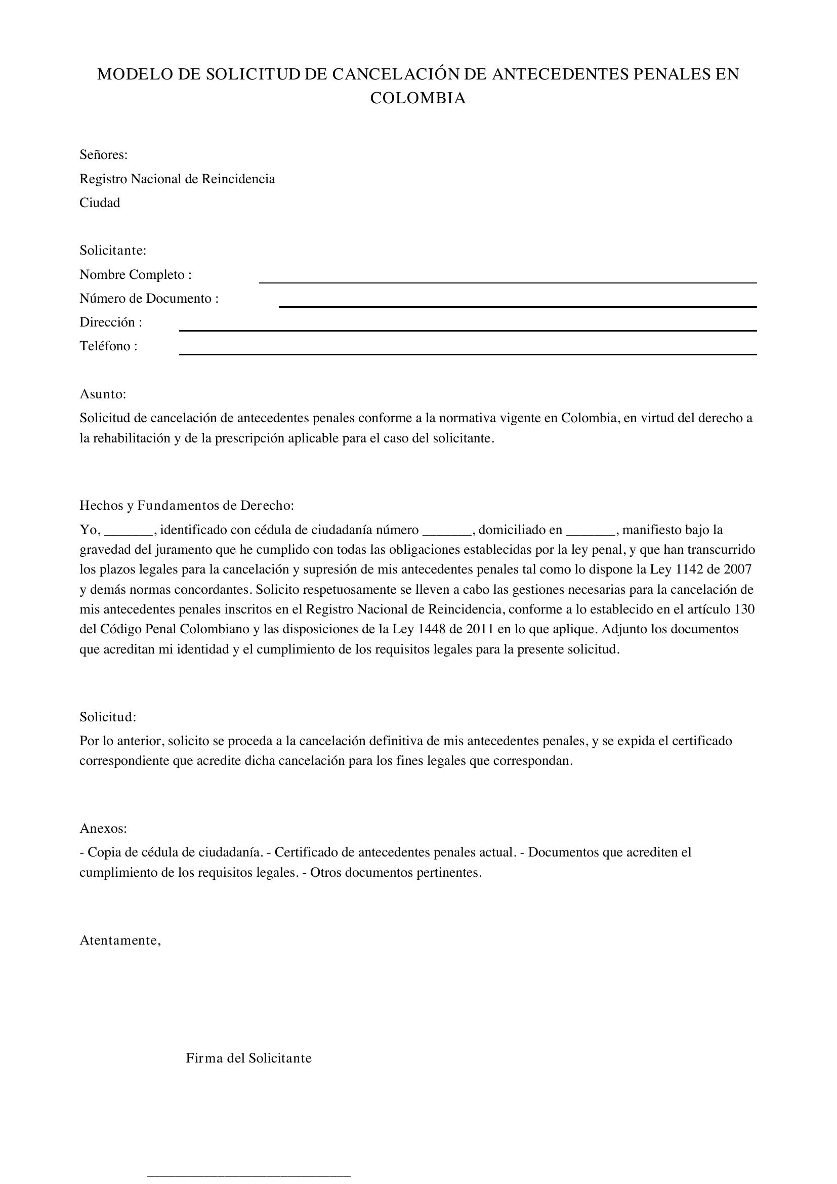 Modelo De Solicitud De Cancelación De Antecedentes Penales En Colombia