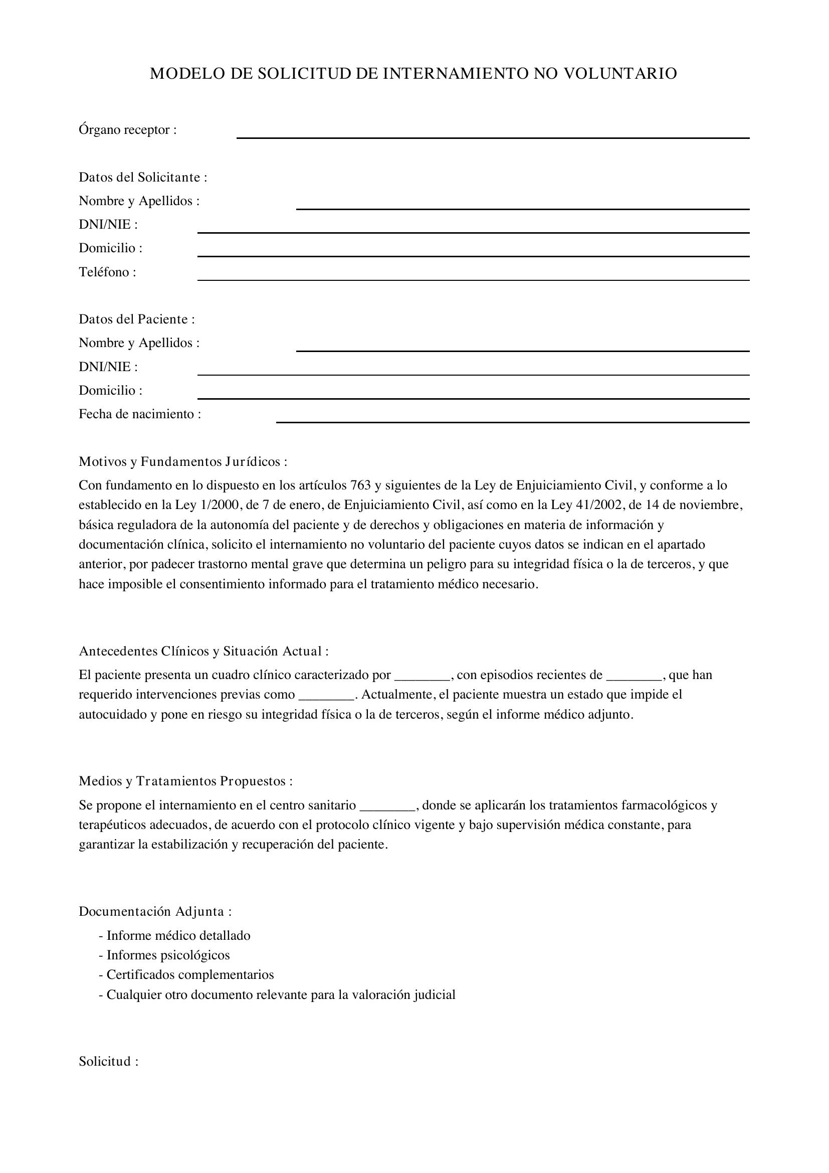 Modelo De Solicitud De Internamiento No Voluntario