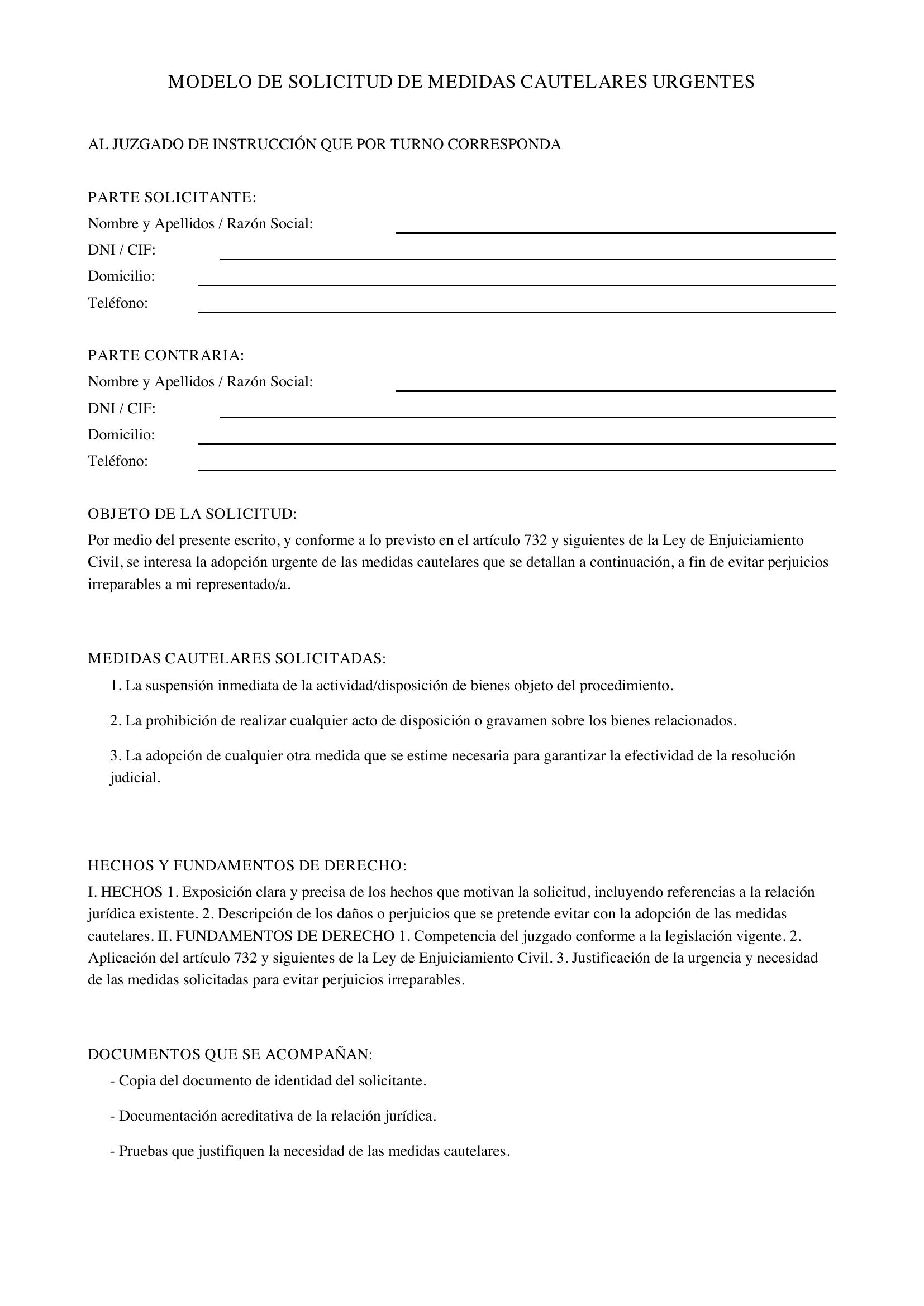 Modelo De Solicitud De Medidas Cautelares Urgentes