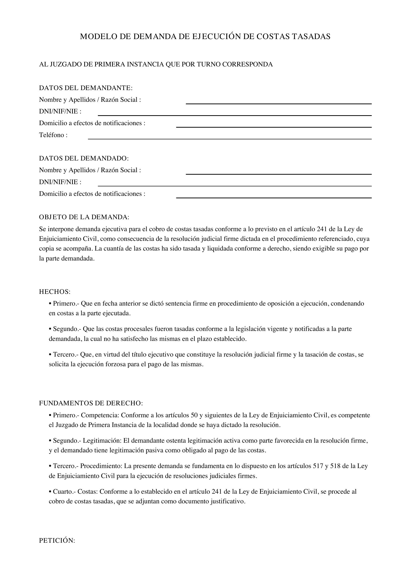 Modelo Demanda Ejecución Costas Tasadas