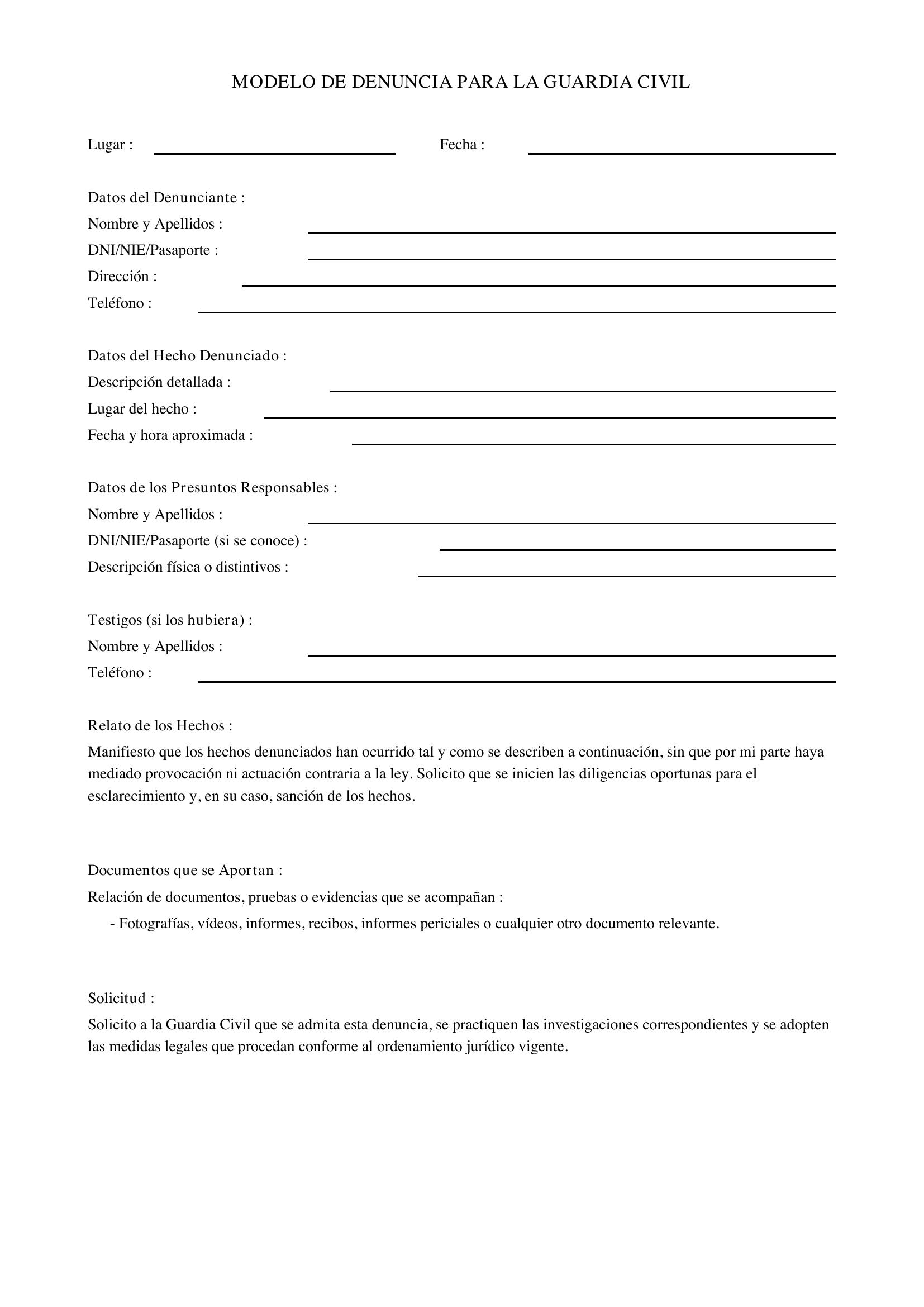 Modelo Denuncia Guardia Civil