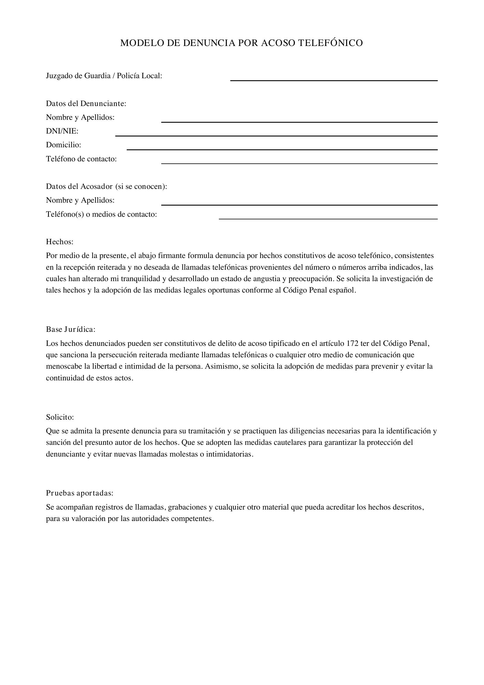 Modelo Denuncia Por Acoso Telefónico