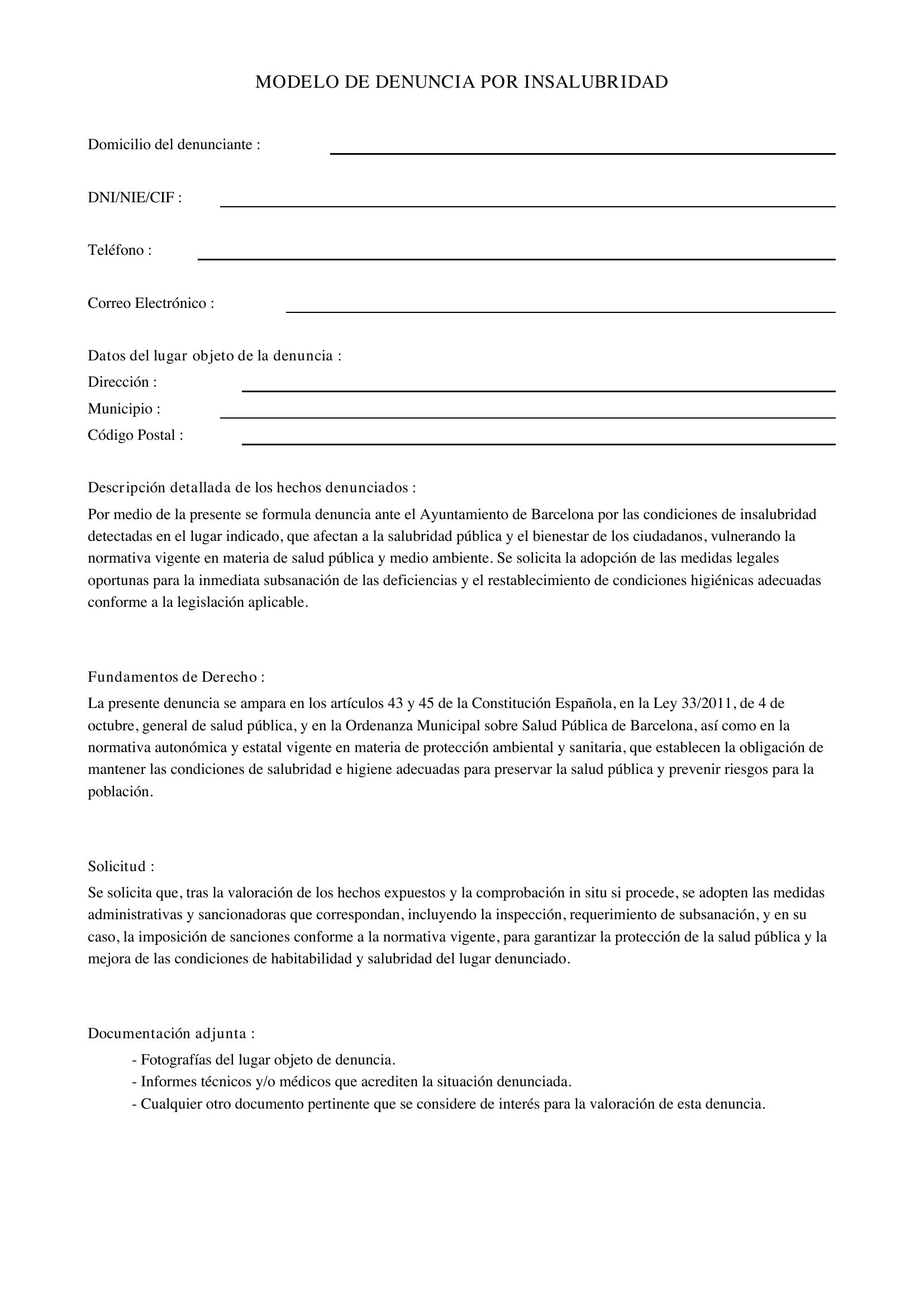 Modelo Denuncia Por Insalubridad Barcelona
