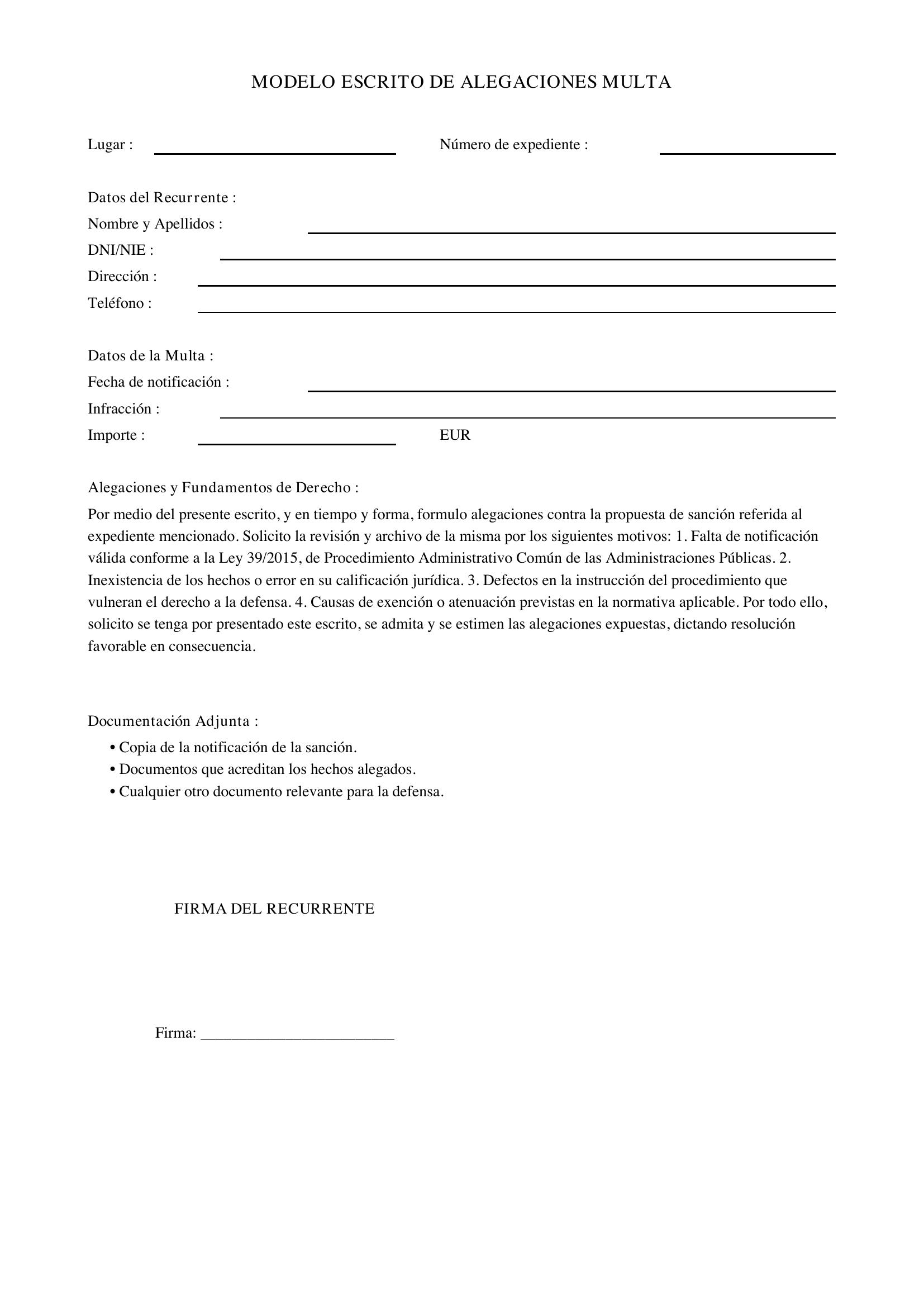 Modelo Escrito De Alegaciones Multa