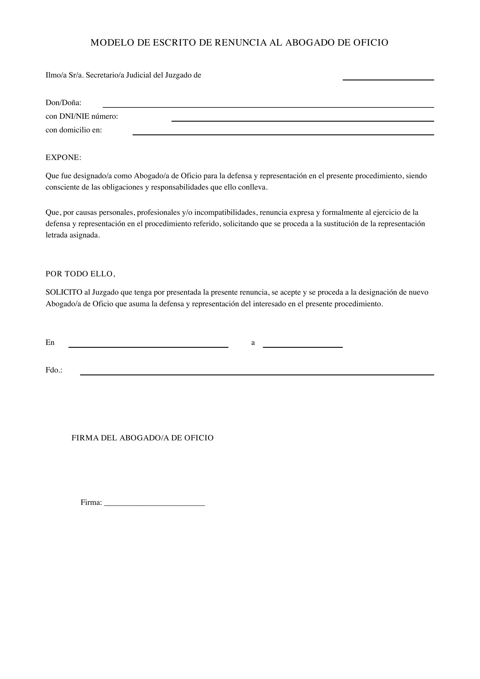 Modelo Escrito Renuncia Abogado De Oficio