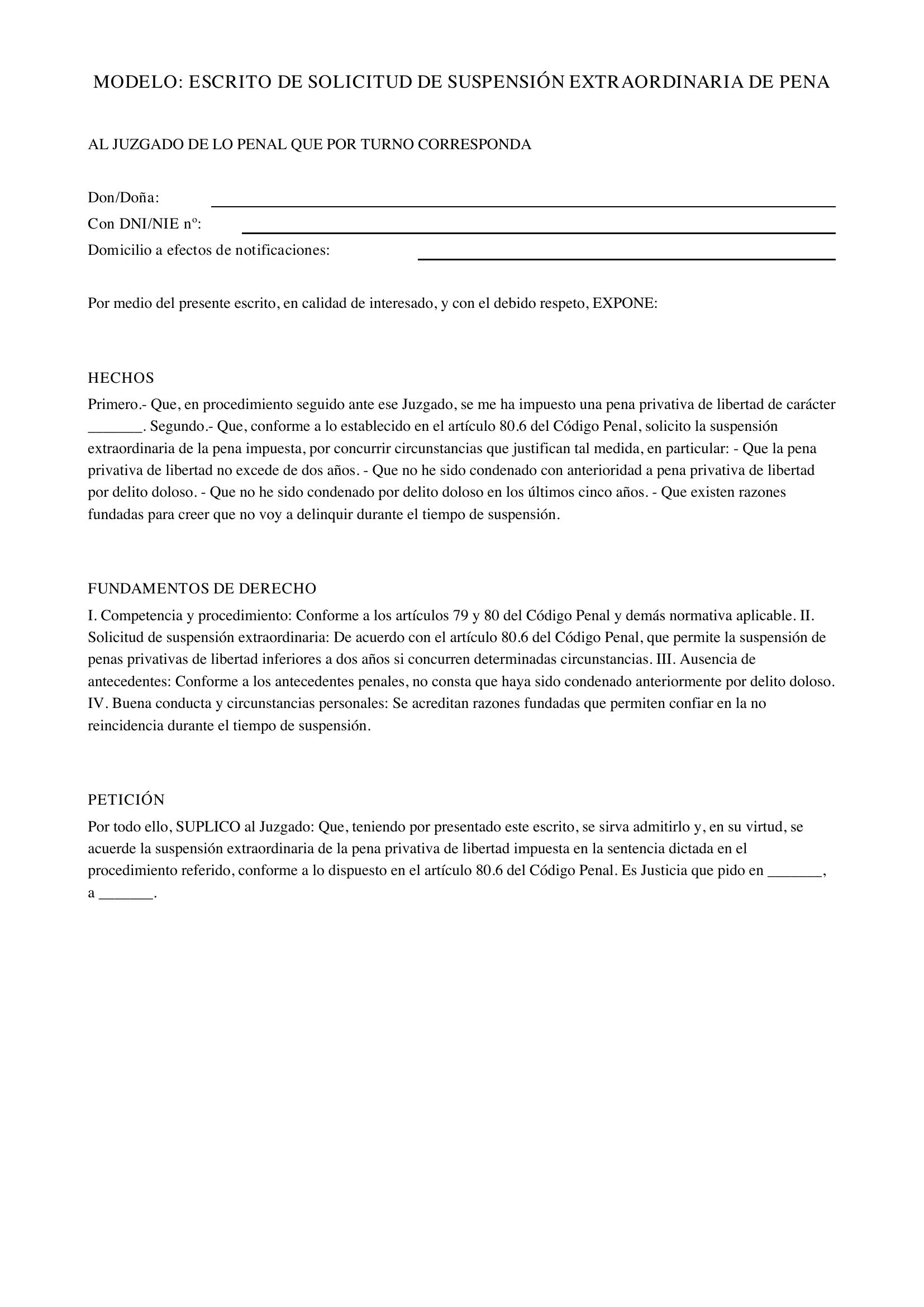 Modelo Escrito Solicitud Suspensión Extraordinaria Pena