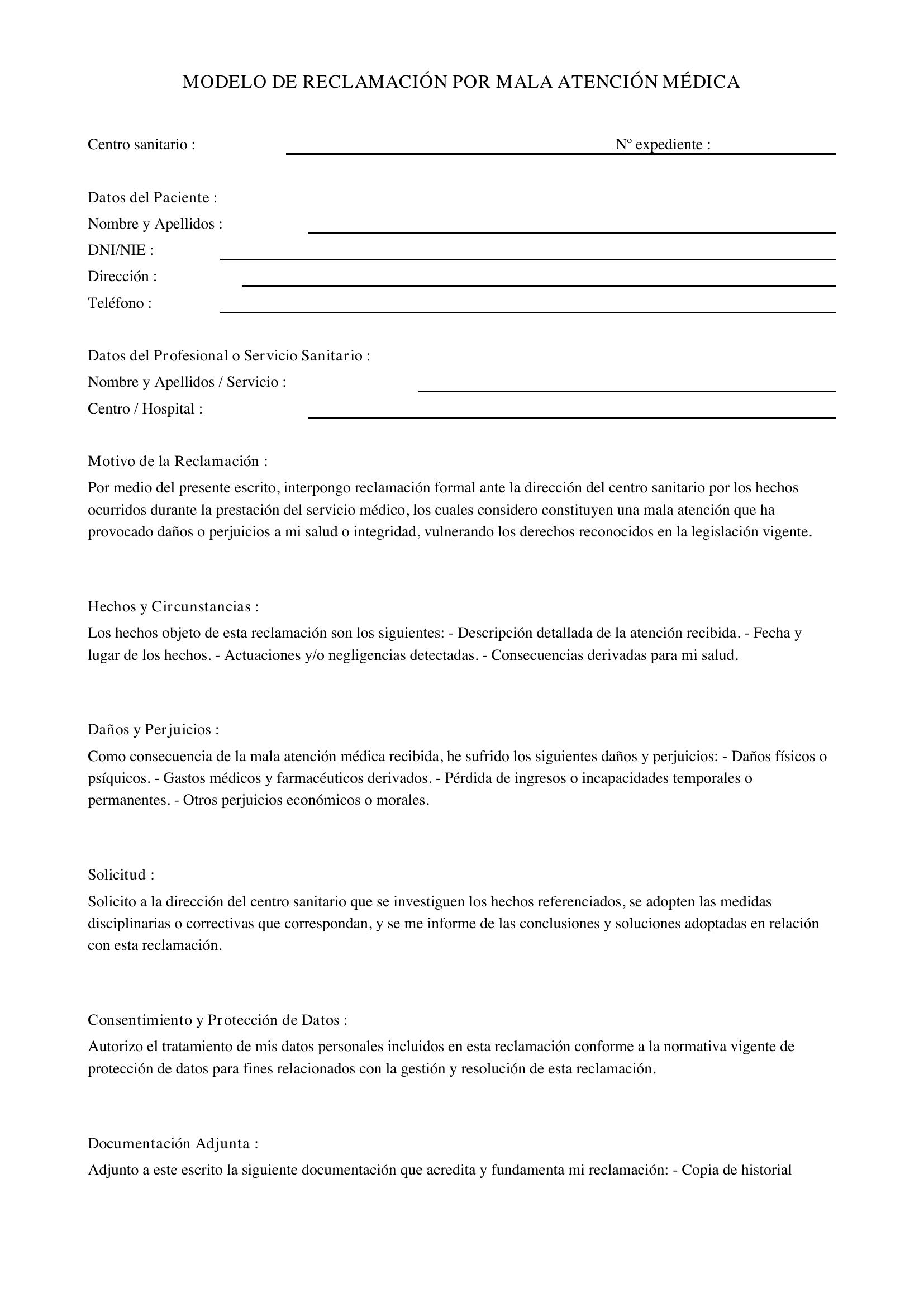 Modelo Reclamación Por Mala Atención Médica