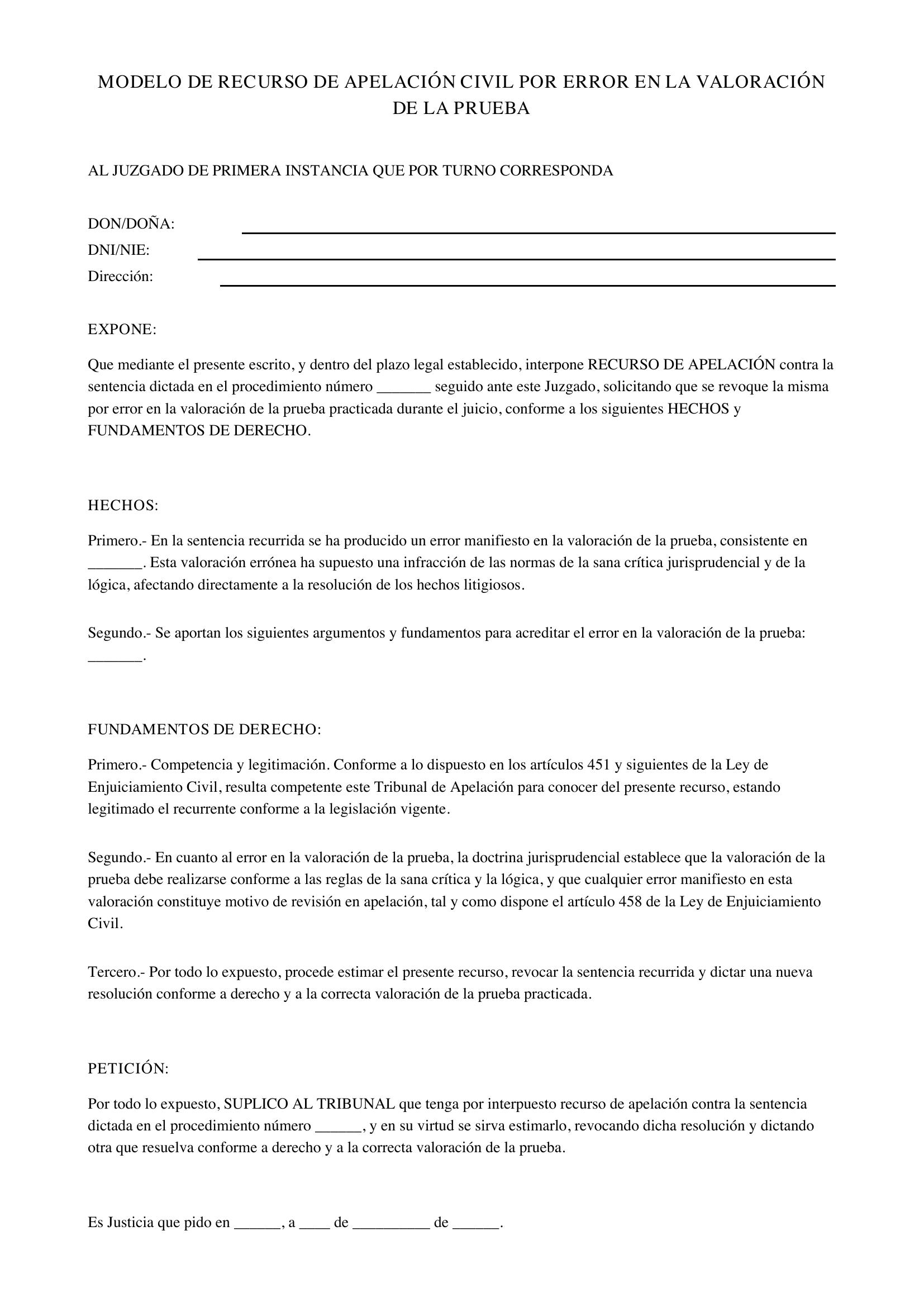 Modelo Recurso Apelación Civil Error Valoración Prueba