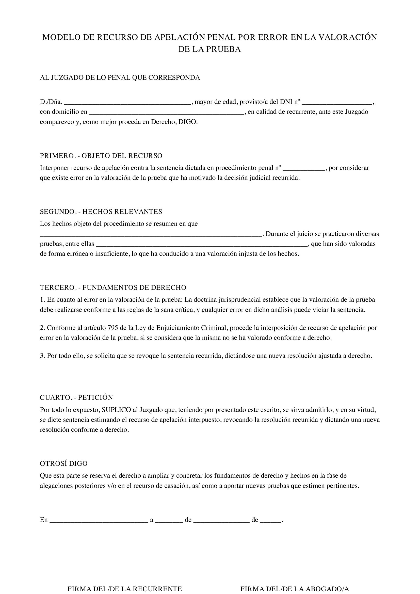 Modelo Recurso Apelación Penal Error Valoración Prueba