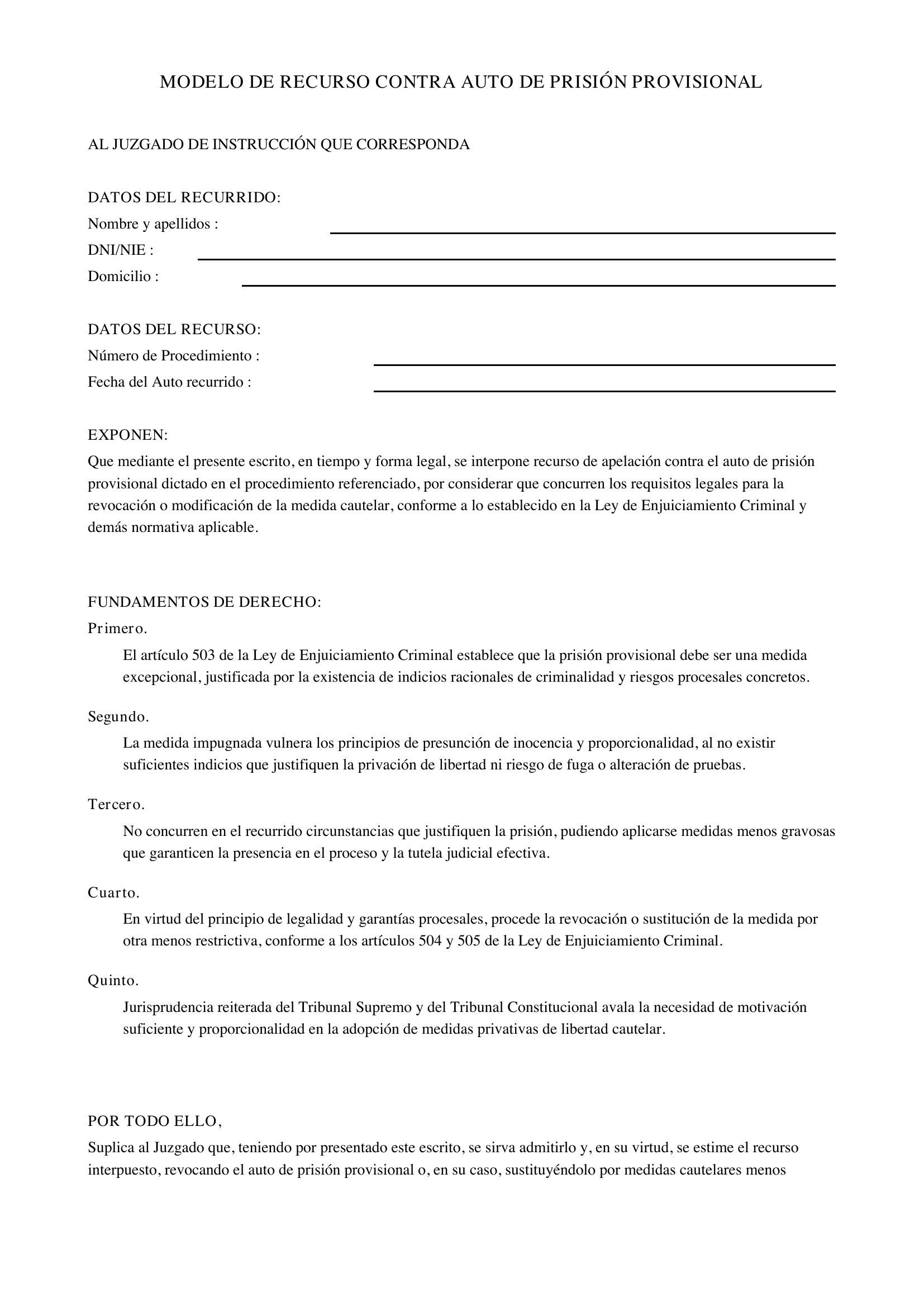 Modelo Recurso Contra Auto De Prisión Provisional