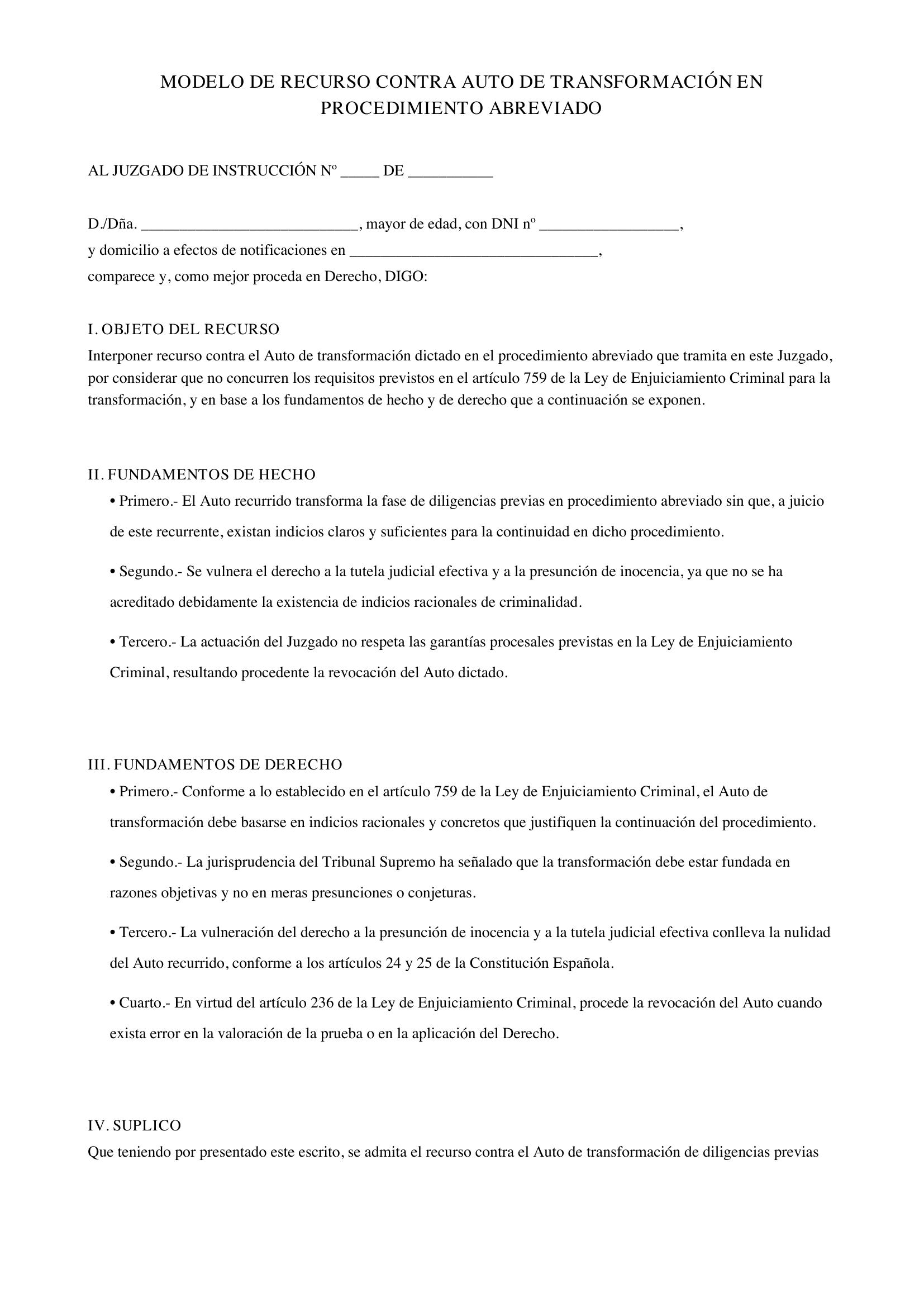 Modelo Recurso Contra Auto De Transformación En Procedimiento Abreviado