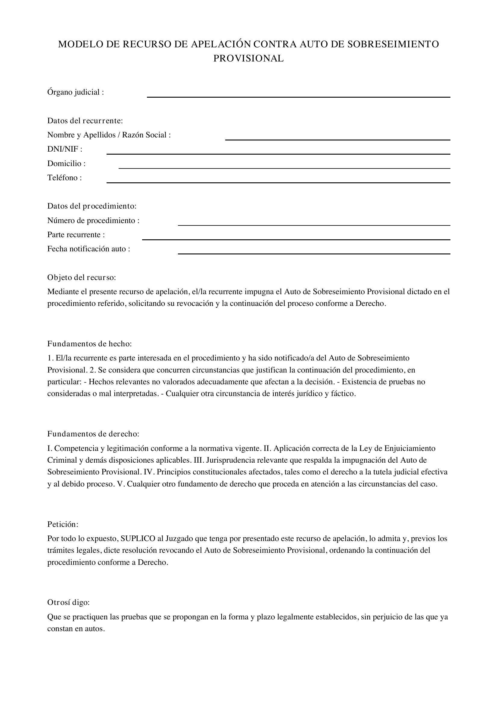 Modelo Recurso De Apelación Contra Auto De Sobreseimiento Provisional