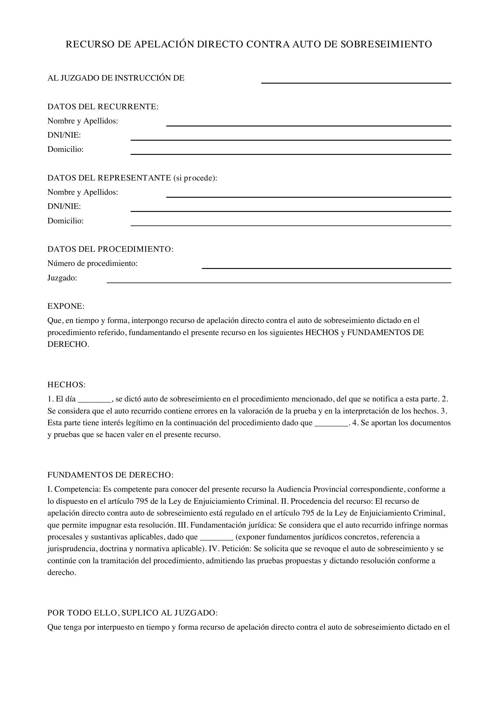 Modelo Recurso De Apelación Directo Contra Auto De Sobreseimiento