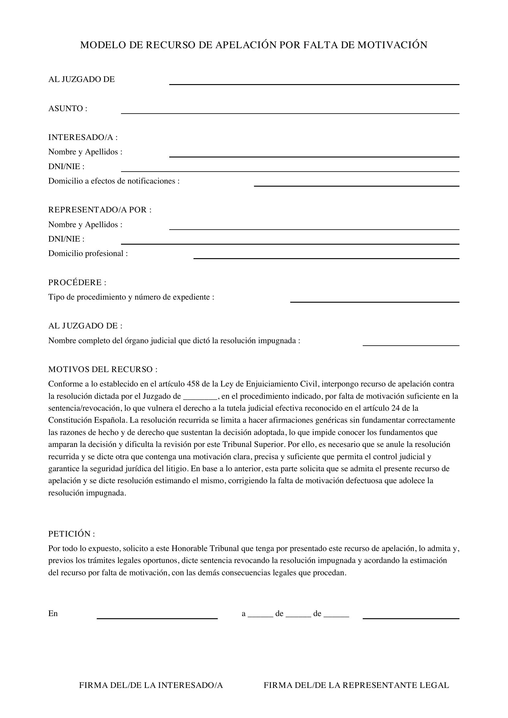 Modelo Recurso De Apelación Por Falta De Motivación