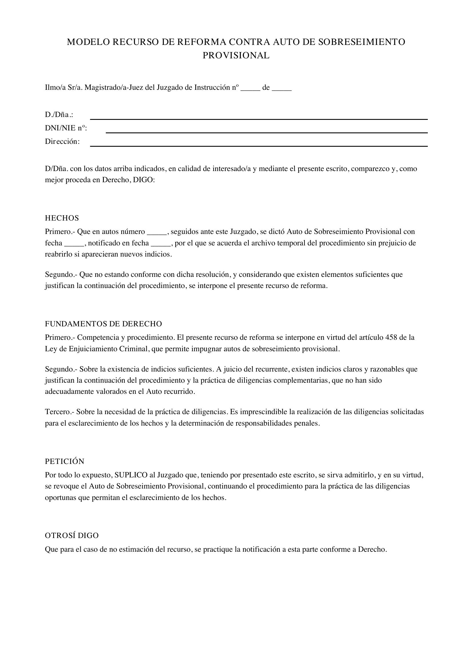 Modelo Recurso De Reforma Contra Auto De Sobreseimiento Provisional