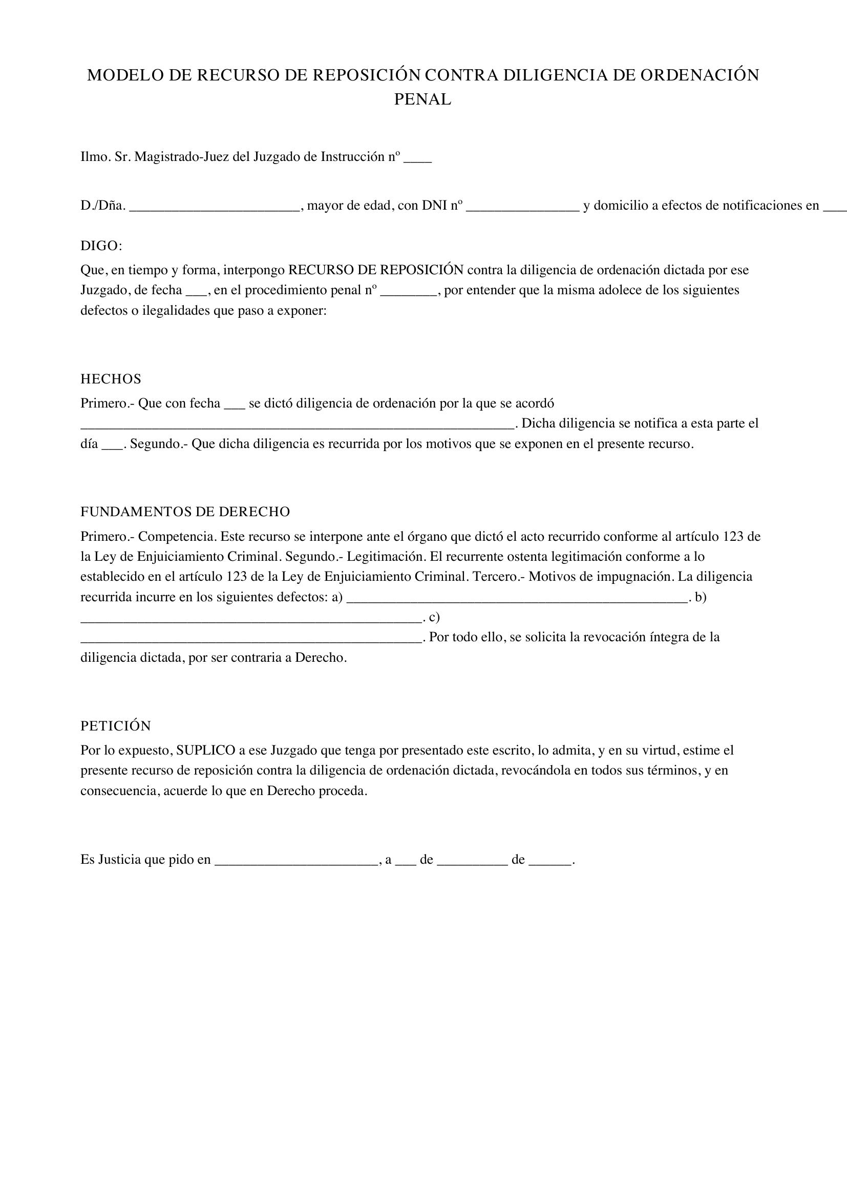 Modelo Recurso De Reposición Contra Diligencia De Ordenación Penal