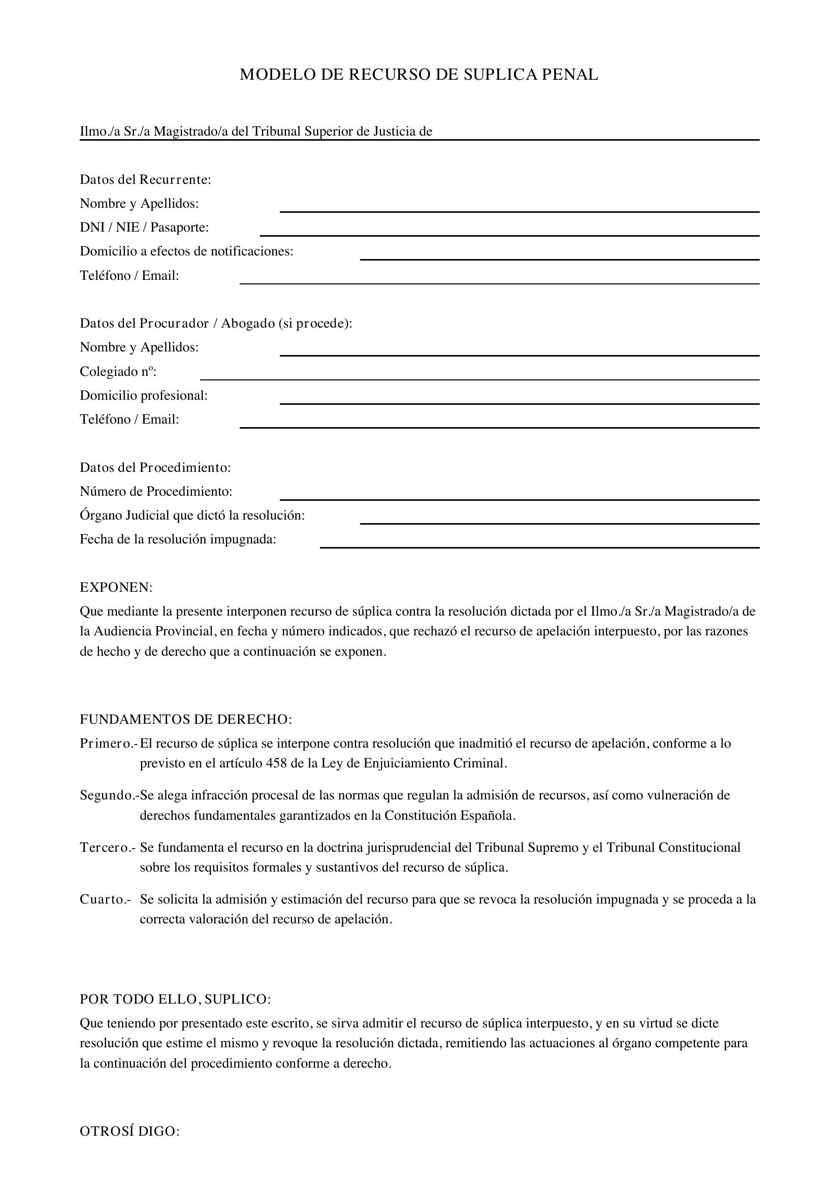 Modelo Recurso De Súplica Penal