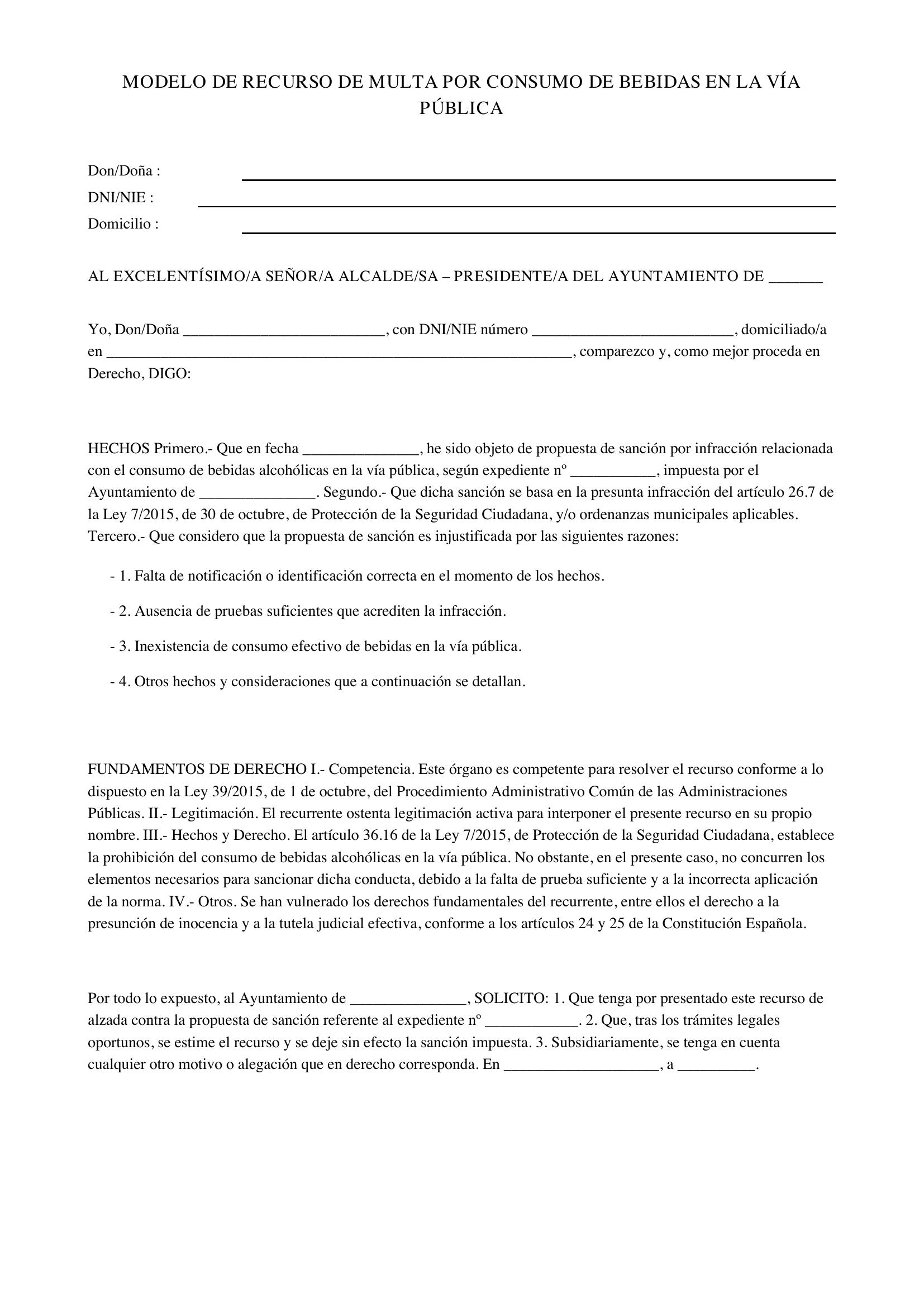 Modelo Recurso Multa Por Beber Vía Pública