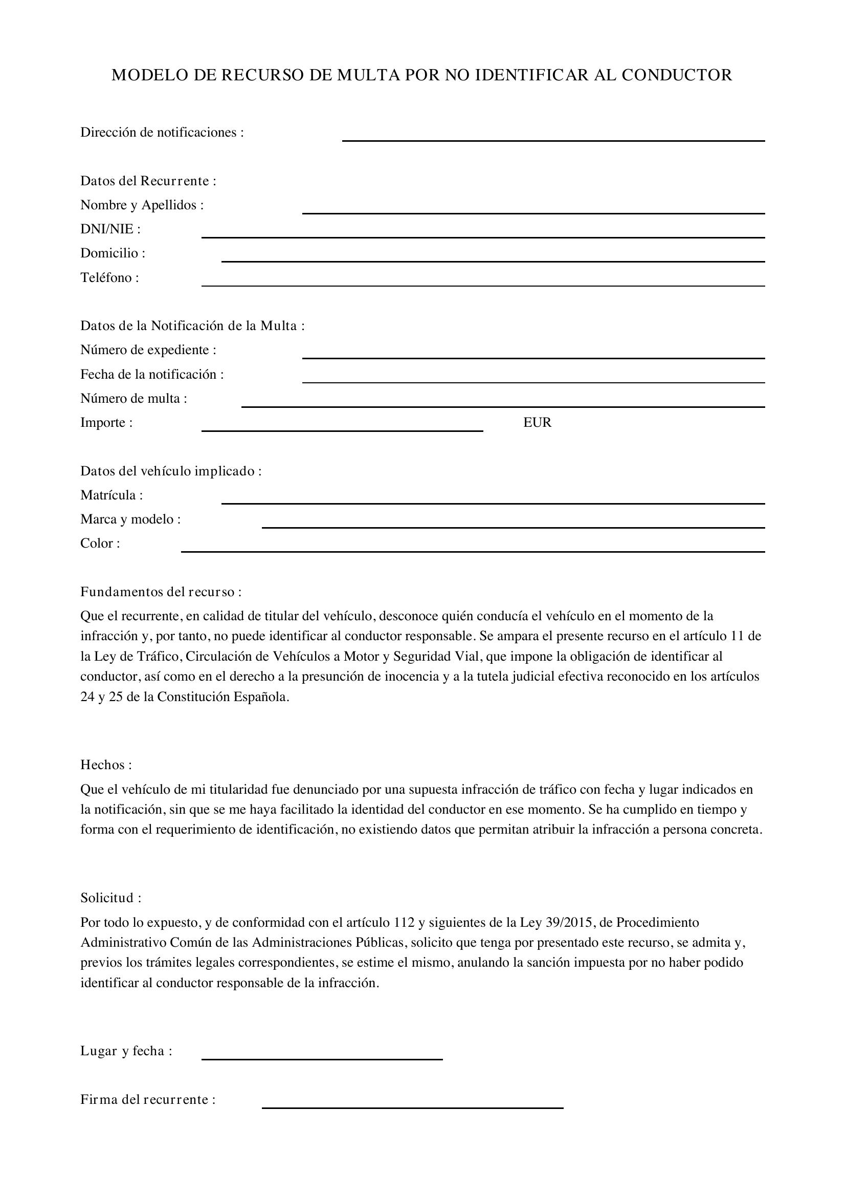 Modelo Recurso Multa Por No Identificar Al Conductor