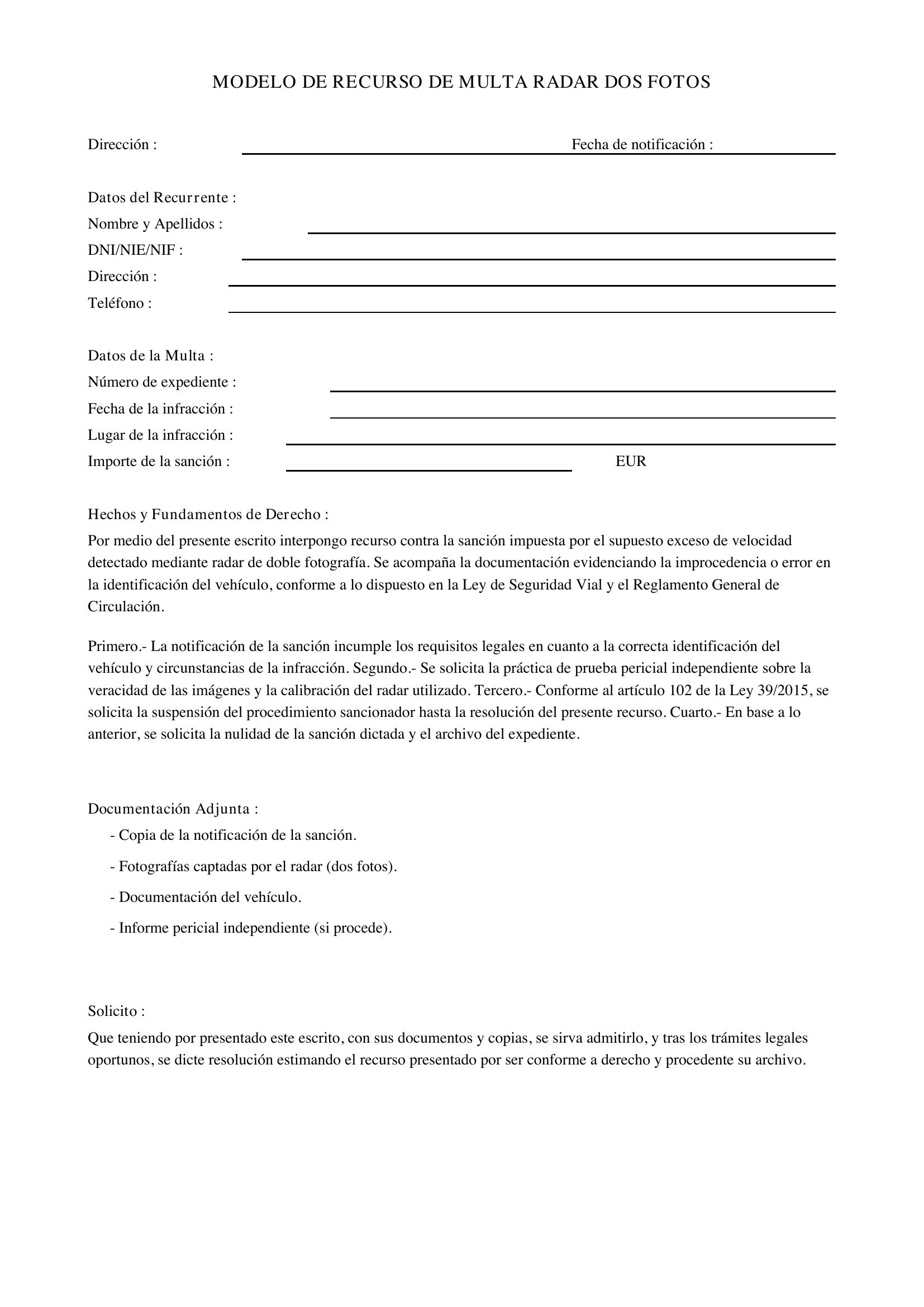Modelo Recurso Multa Radar Dos Fotos