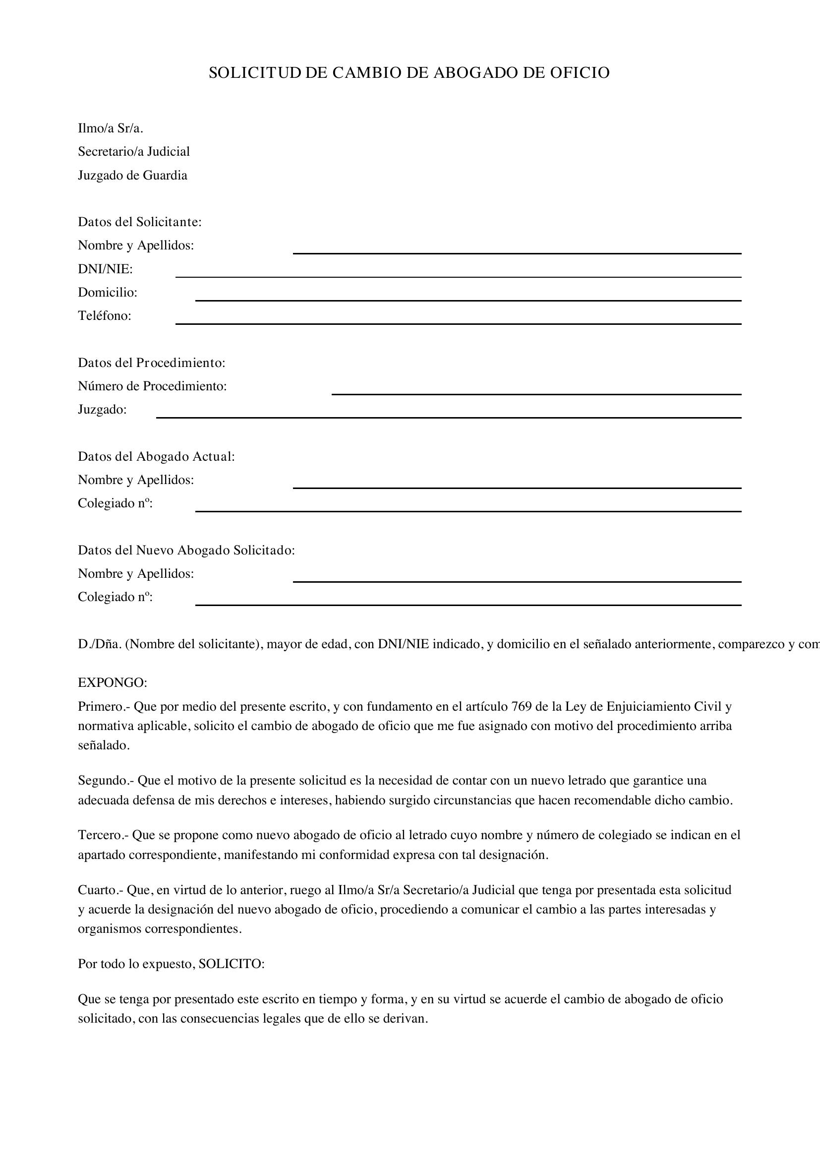 Modelo Solicitud Cambio Abogado De Oficio