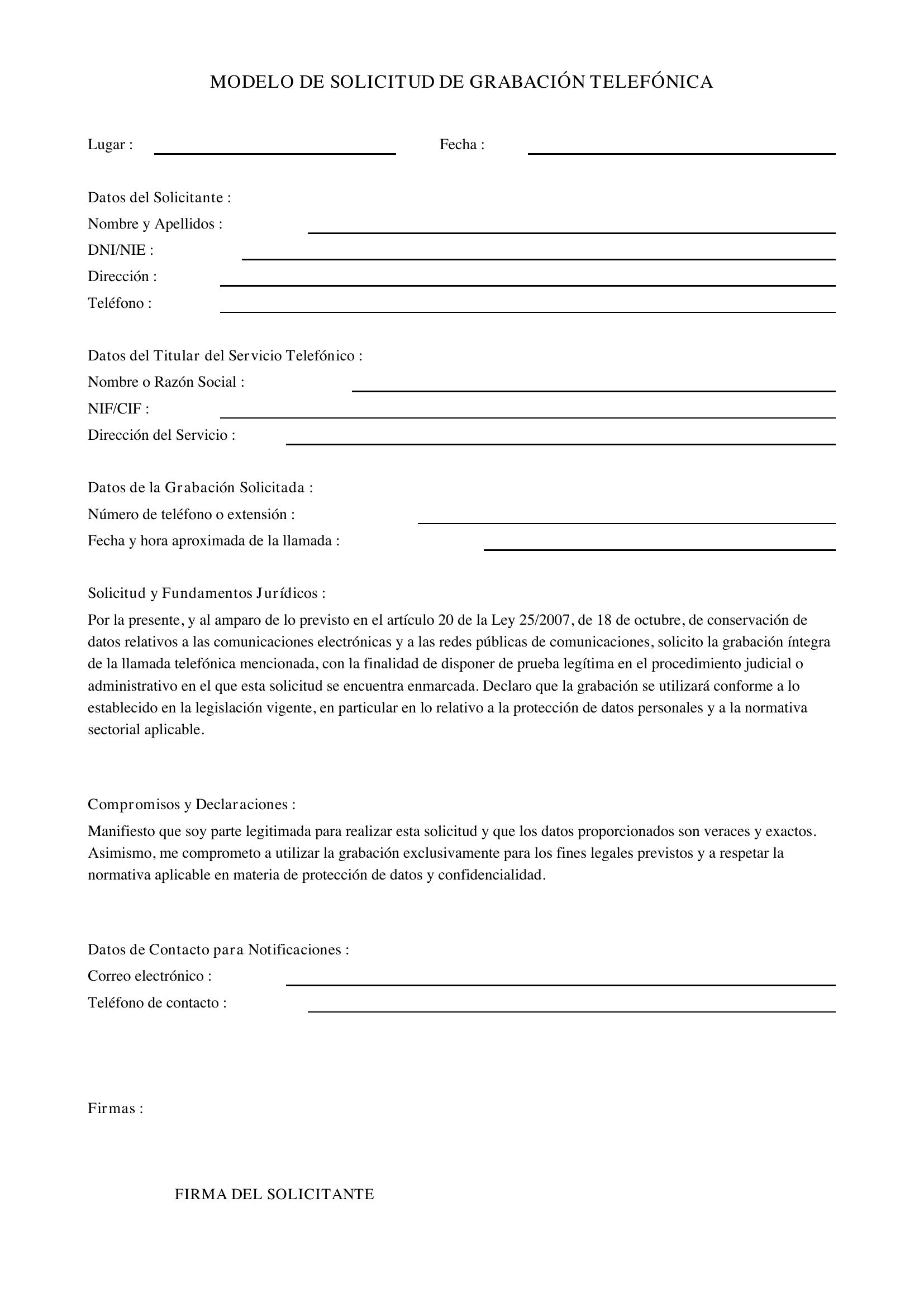 Modelo Solicitud Grabación Telefónica
