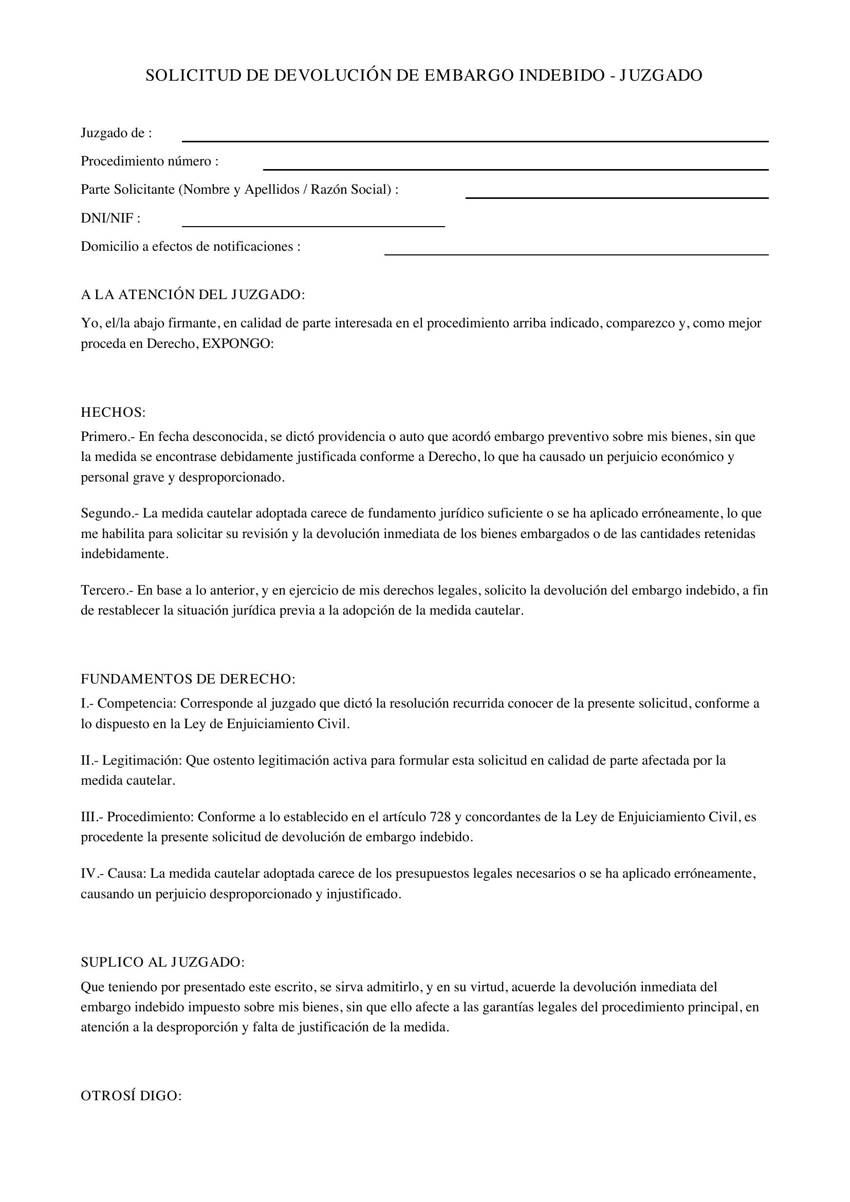 Solicitud Devolución Embargo Indebido Juzgado